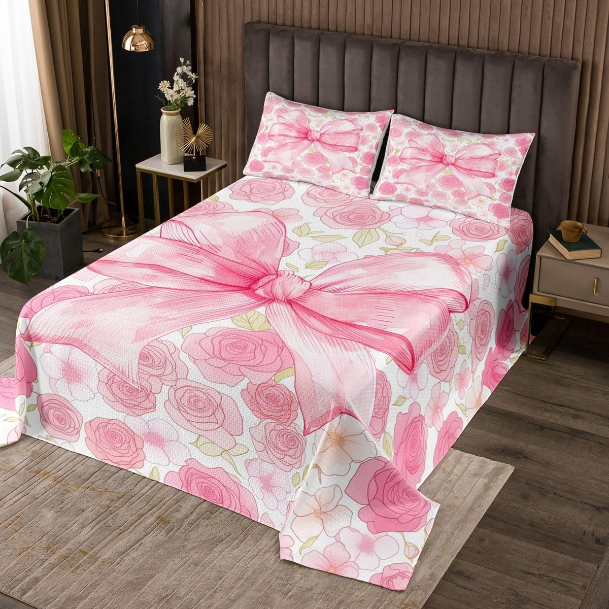 jejeloiu Pink Bowknot Bedspread Quilts Cute Rose Floral Coverlet Set Queen Size for Kids Boys Girls Ribbon Bow Quilted Coverlet for All Season with 2 Pillowcases Princess Style Microfiber