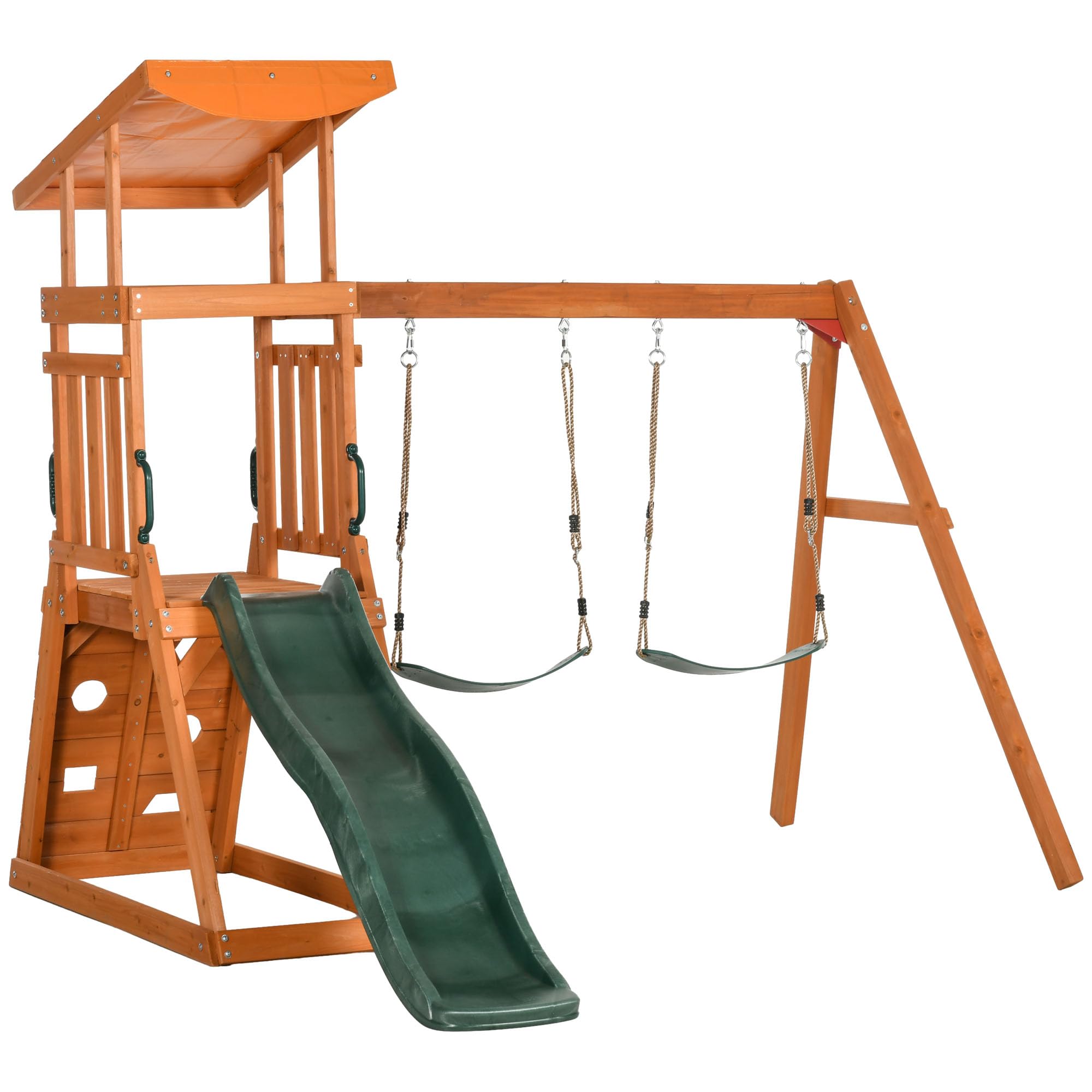 Outsunny Juego 3 en 1 con tobogán, 2 columpios de jardín y pared de escalada para niños de 3 a 8 años, estructura de madera con techo parasol
