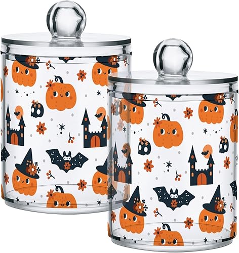 Miniatura 1 de Paquete de 2 tarros de boticario para baño, Halloween, caricaturas, calabazas Qtip, dispensador de plástico transparente con tapa para bolas de