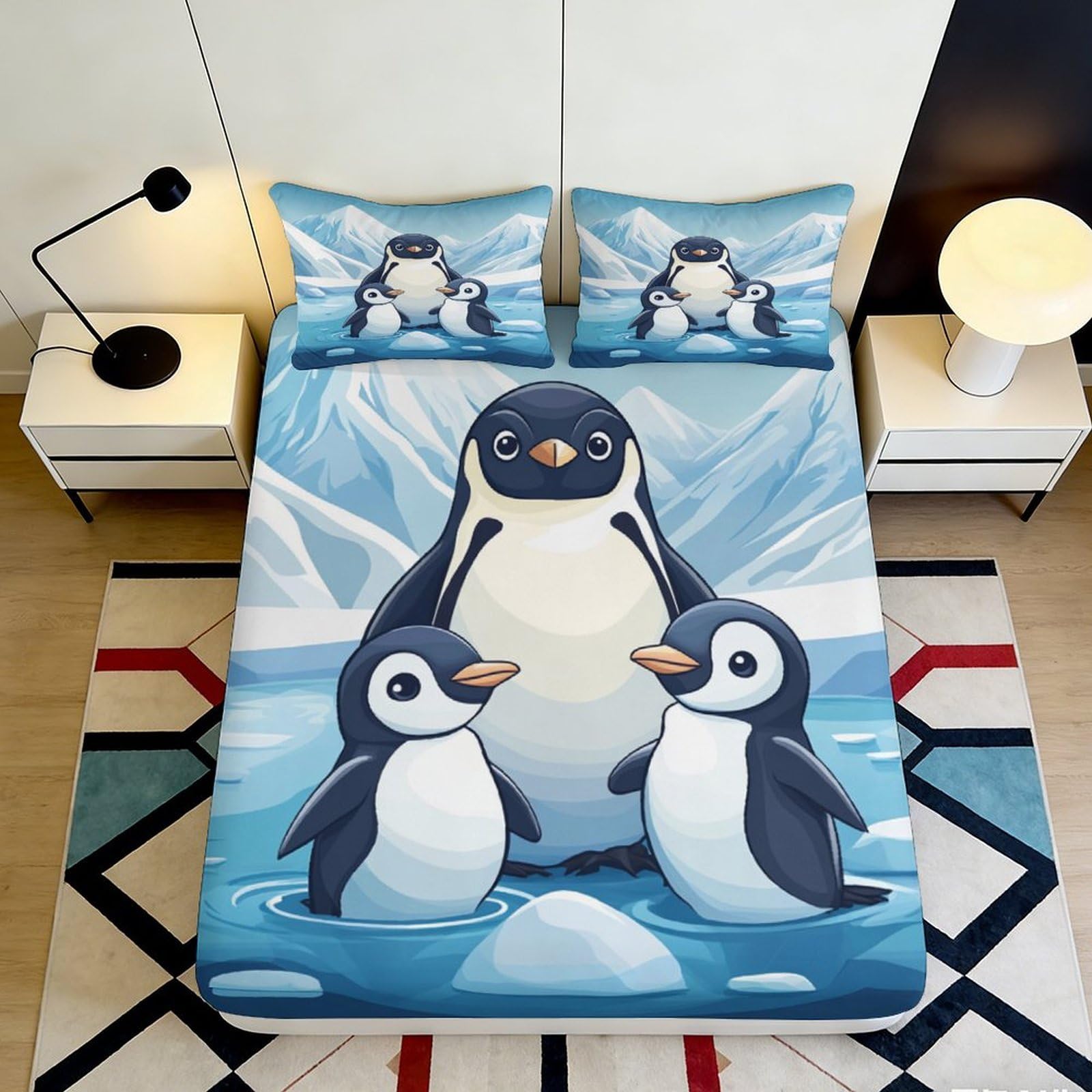 3D Printed Penguin Family Fitted Sheet Microfiber Soft Blue Cartoon Mattress Cover for Bedroom Guest Room Decor 90x200x25cm