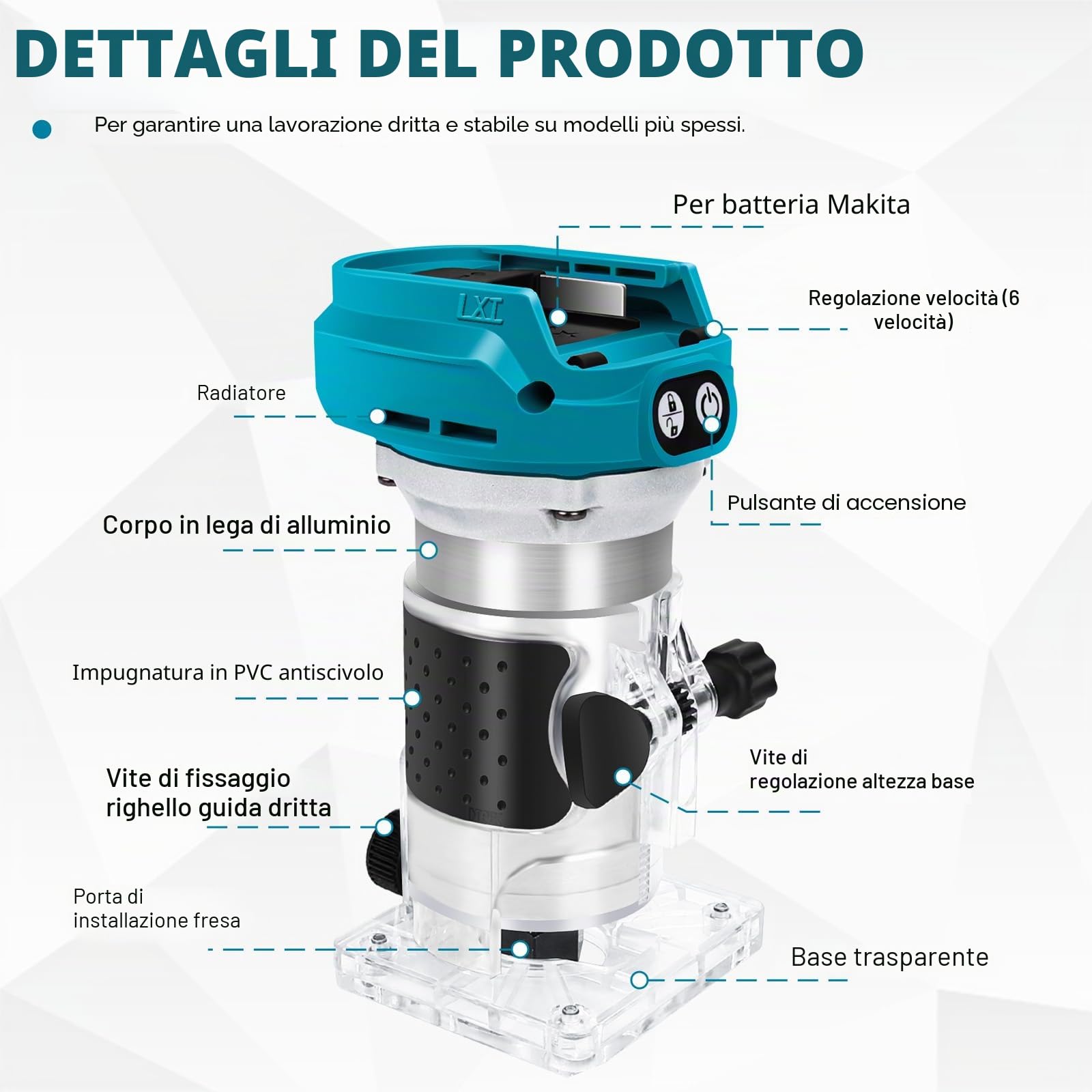 Fresa a batteria compatibile con Makita 18V batteria (senza batterie),1300W Senza Spazzole, 6 Velocità, Guida Dritta, Ruota di Guida, 2 Chiavi - Taglialegna