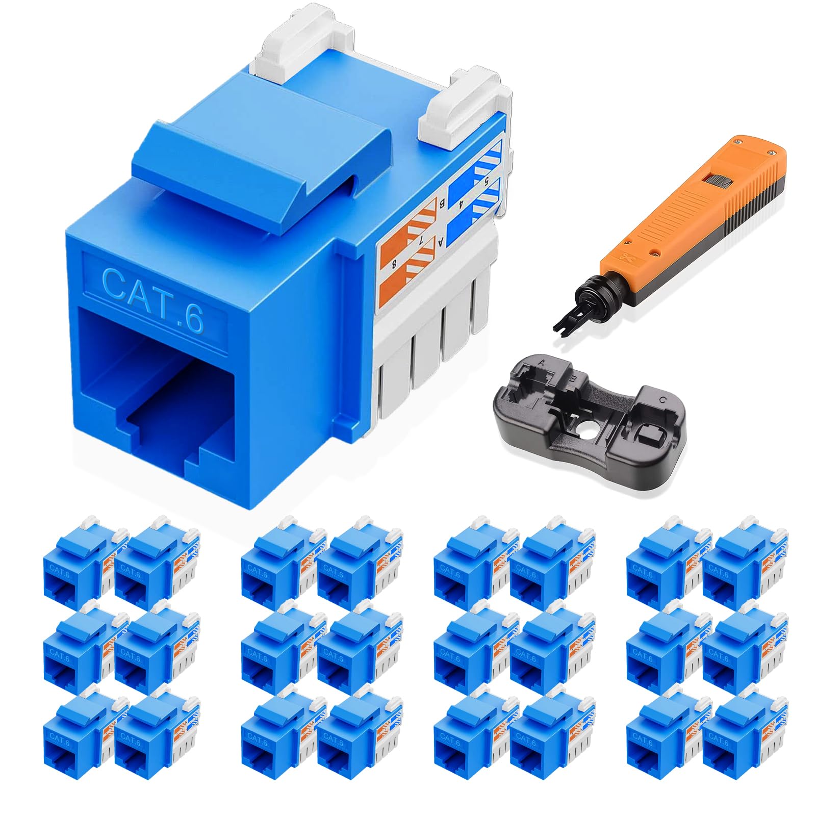 25 x gniazdo Keystone Cat 6 RJ45 10 Gb/s, złącza Keystone Cat6, niebieskie złącze modułowe Ethernet z narzędziem do wiercenia i uchwytem do panelu