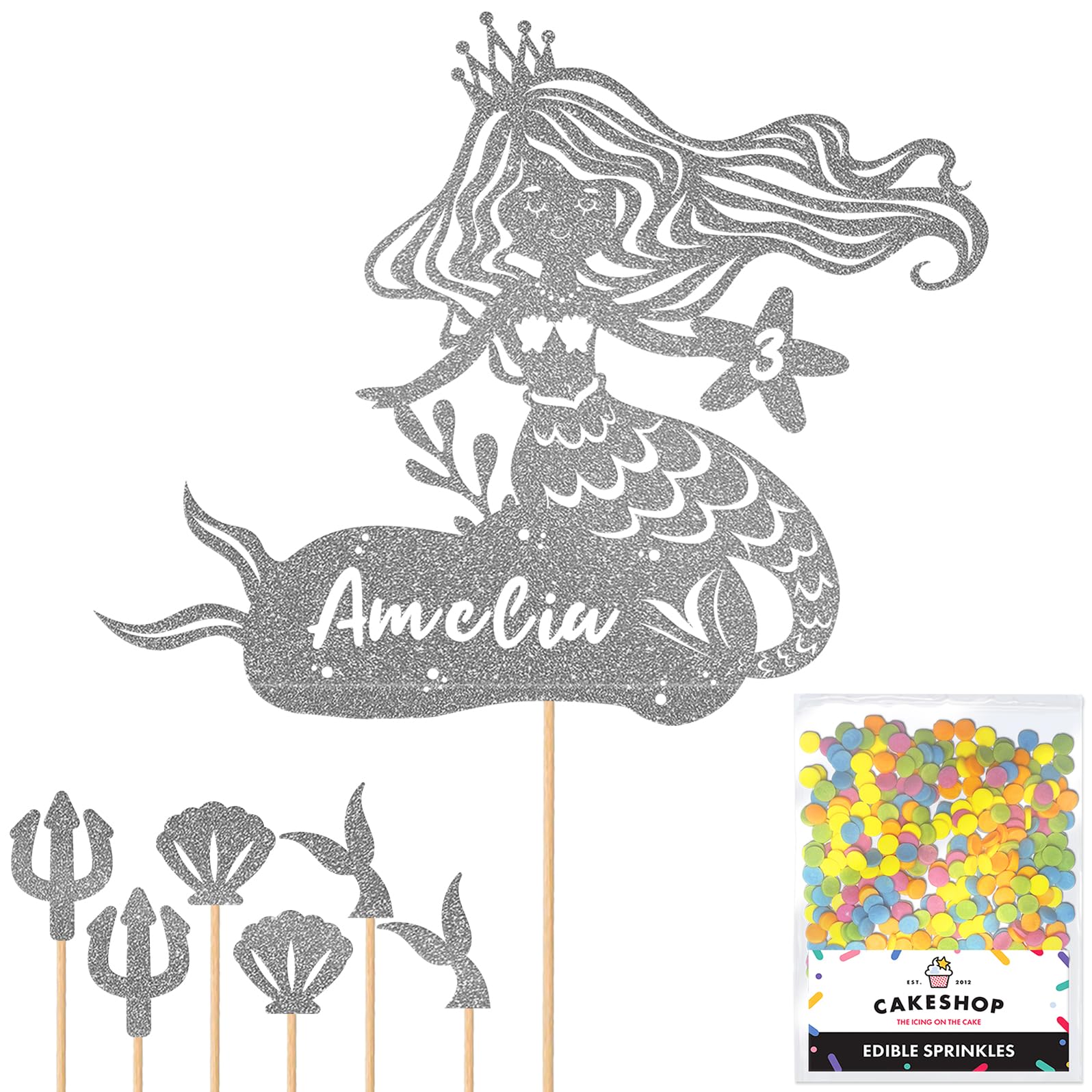 Personalised Birthday Mermaid Glitter Cake Topper- Dark Silver Any Custom Age & Name Glitter Cake Decoration and Sprinkles - Happy Birthday Decorations - Personalised Toppers for Cakes by Cakeshop โ image 1
