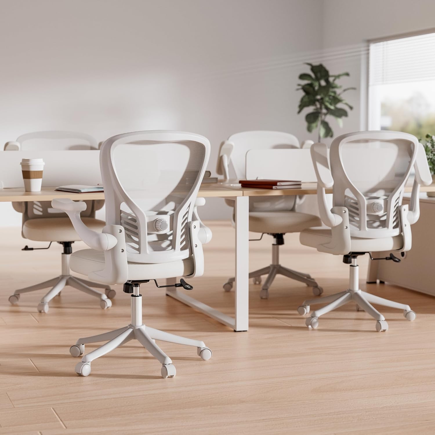 GYI Ergonomic Office Chair, Mesh Desk Chair with Adjustable Lumbar Support and 3D Flip-up Arms, Computer Chair with Wheels, All White