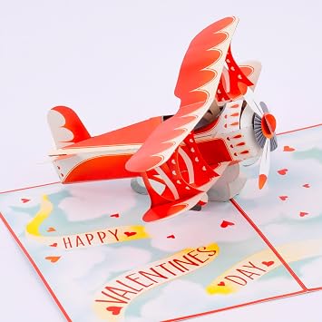 POPWOW Love Biplane Pop Up Card, Happy Valentines Day, Cloud, Heart, 3D Popup Greeting Cards, Ideal Gifts for Wife, Husband, Lovers, Kids, Girlfriend, 5x7 - Includes Envelope And Message Note