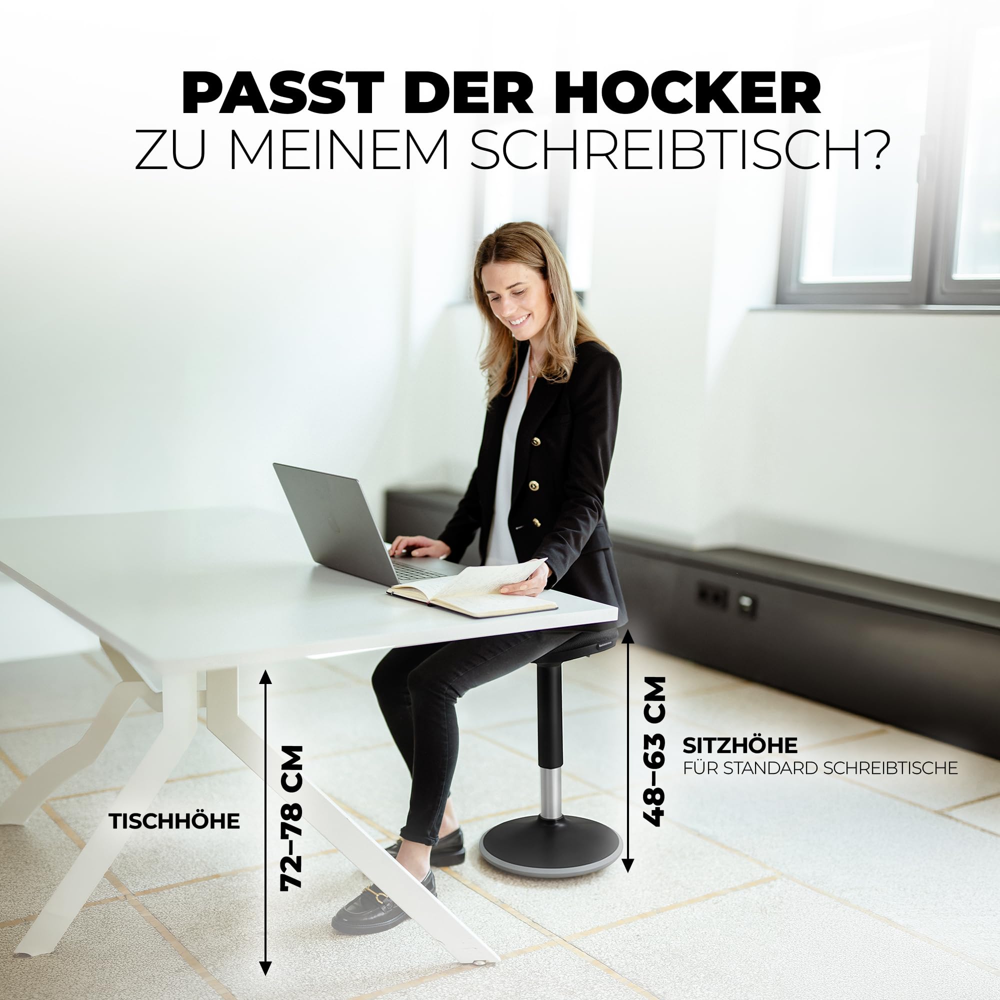 Ergonomischer Bürohocker [2 Sitzpositionen] höhenverstellbarer Sattelhocker [43–63 cm] Sitzhocker für aktives Sitzen | Rutschfester Standfuß