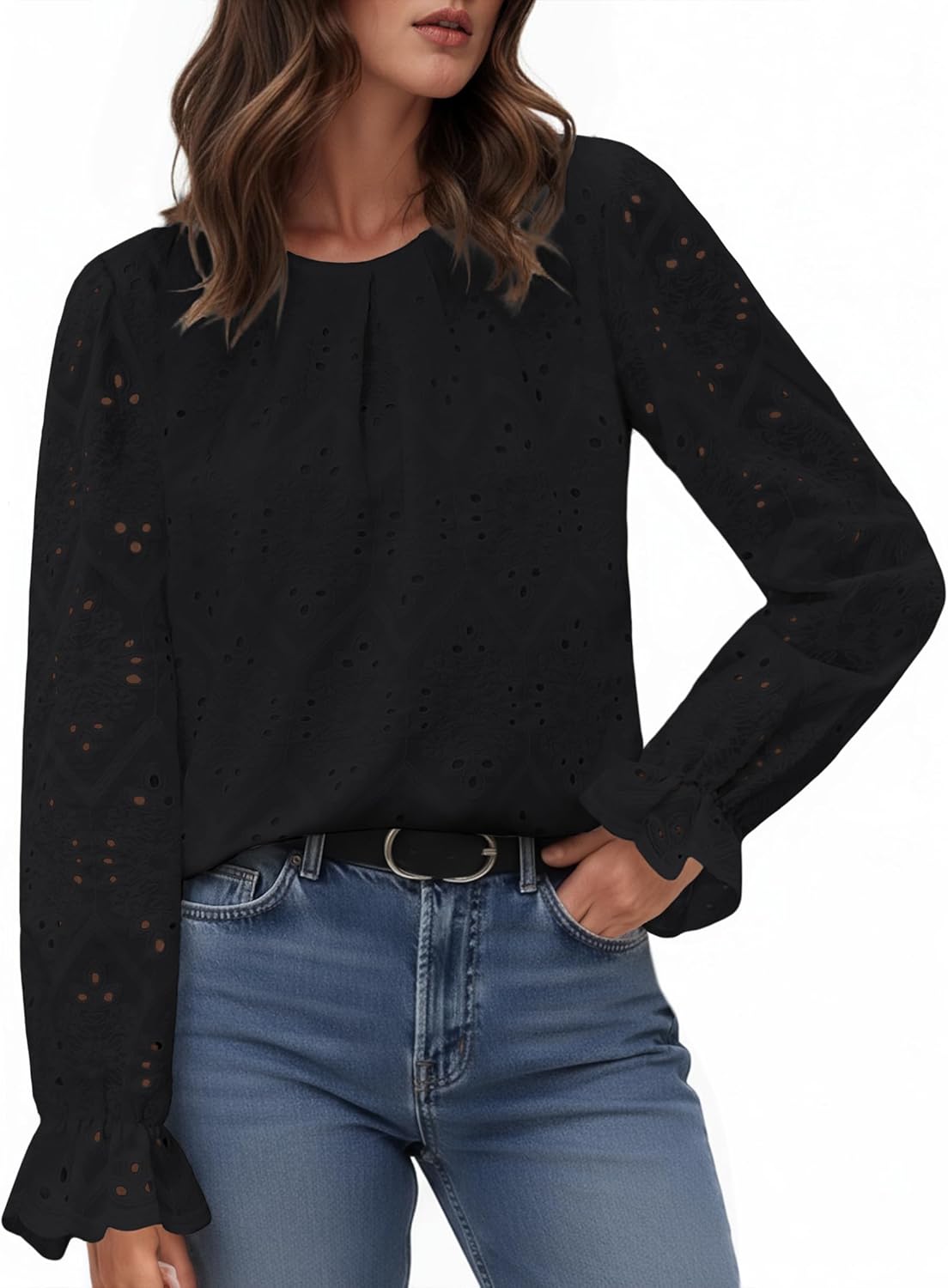 IWH Womens Eyelet Tops Dressy Casual Long Sleeve Pleated Blouses 2025 Trendy Fall Crewneck Embroidered Lace Shirts