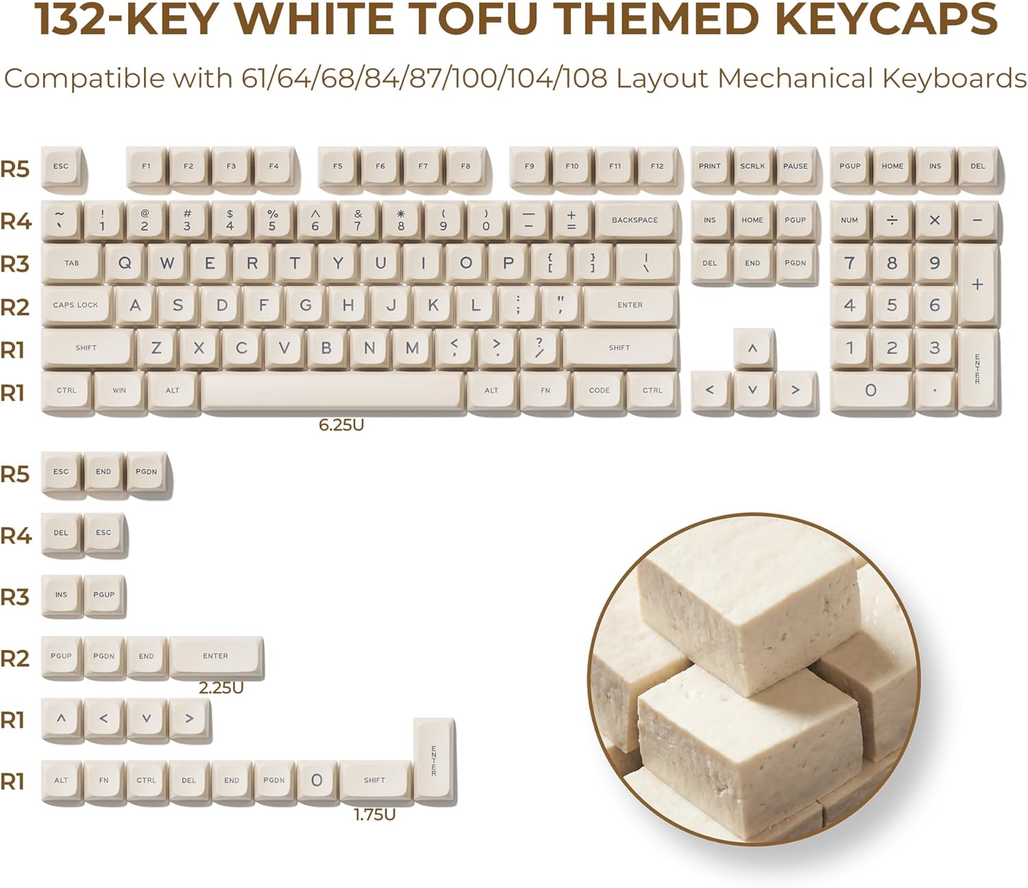 OHY XVX Creamy PBT Keycaps -Tofu Block Themed 132 Keys MDA Profile Doubleshot Keycap Set | Universal Compatibility for MX-Style Switches Mechanical Keyboards-Creamy White
