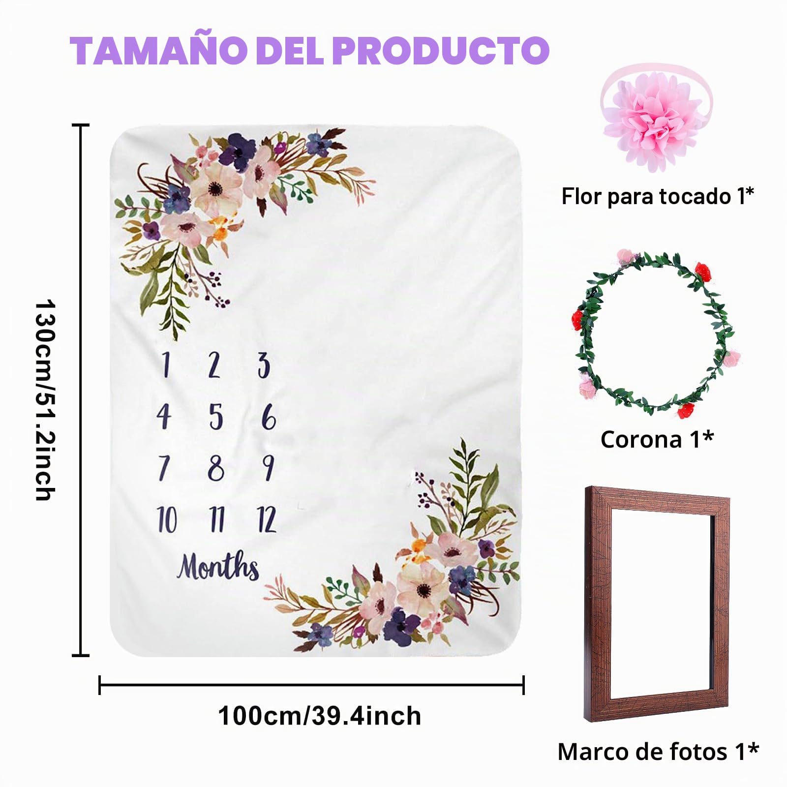 BYZESTY Manta para bebé con estampado floral, manta de hitos para bebé, manta mensual, manta para bebé niño y niña, manta para bebé con mes como regalo para nacimiento, 130 x 100 cm