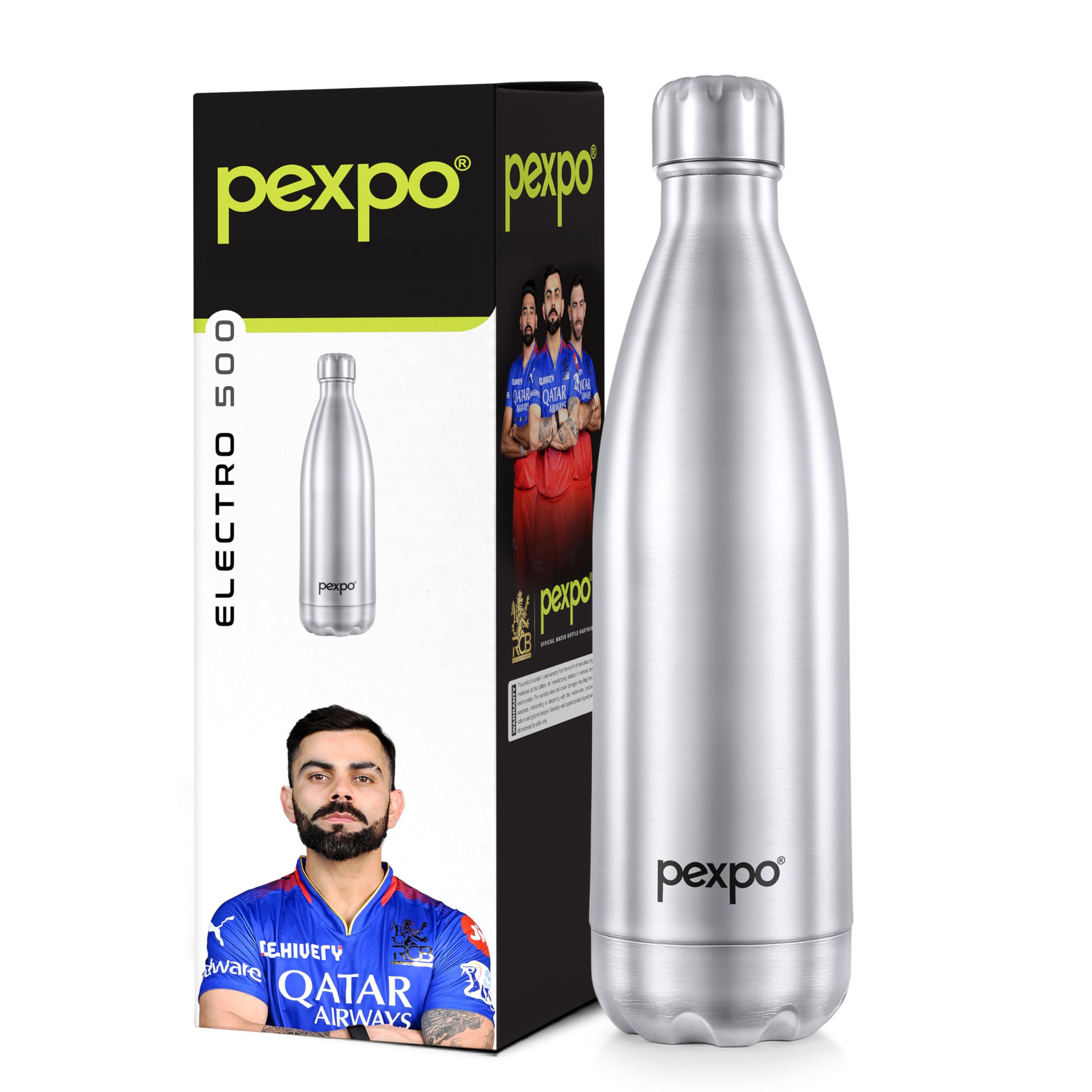 PEXPO Electro Hot & Cold ISI Certified | Stainless Steel Water Bottle - 500ml Silver | 2 Years Warranty | Office Bottle | Workout | Travelling | Home | RCB Edition