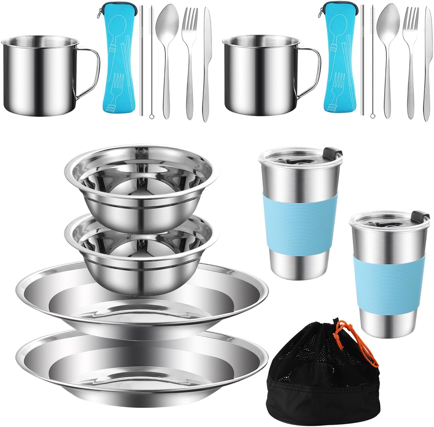 Lot de 20 couverts de camping en acier inoxydable pour 2 à 3 personnes - Comprend plaque, bol, cuillère, fourchette, couteau avec sac en maille pour le camping et les randonnées