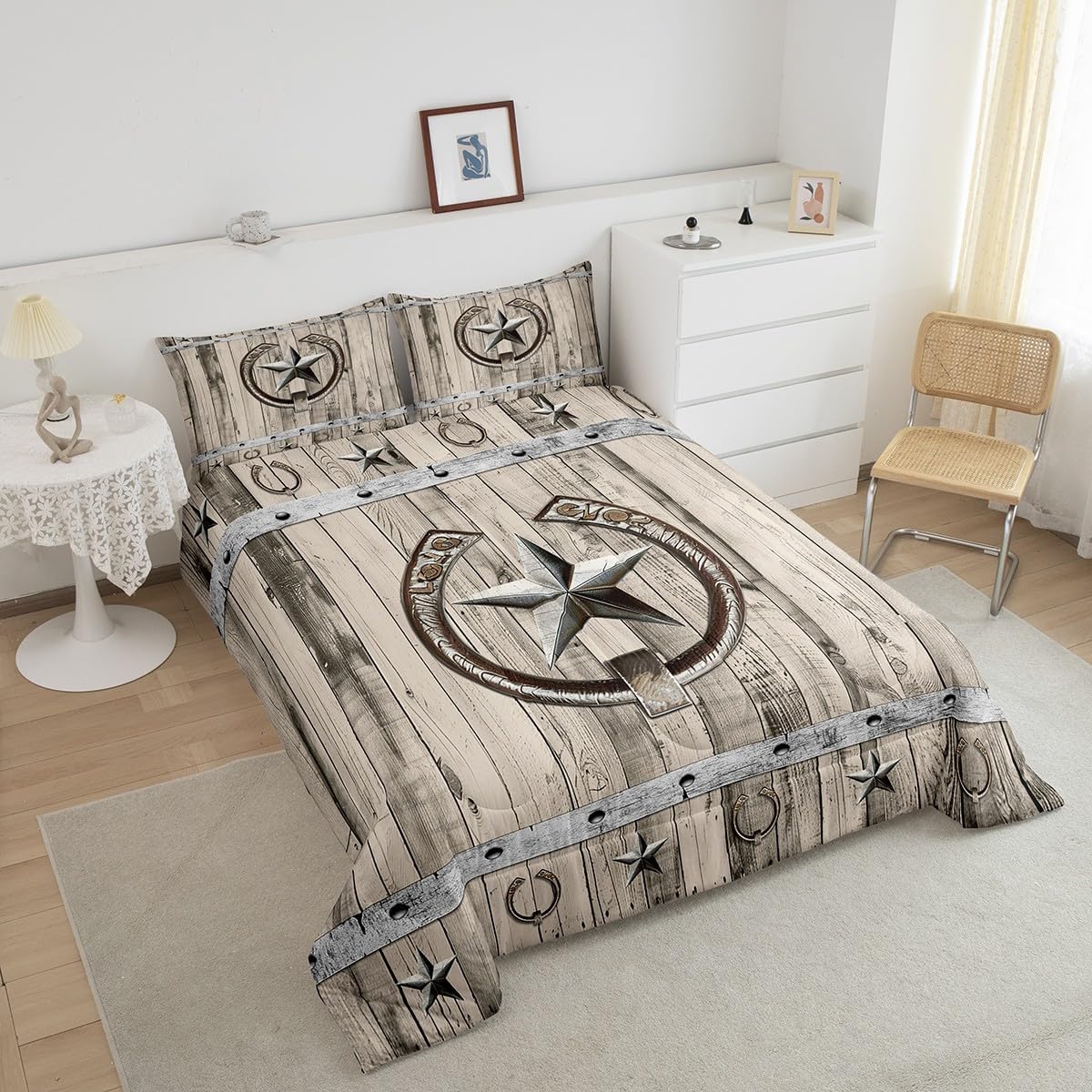 Western Texas Star Bedding Set Queen Rustic Farm Stars Horseshoe Comforter Set Vintage Country Grey Wooden Barn Door Comforter Gifts For Cowboys,Farmhouse Cabin Lodge Quilt Duvet 2 Pillow Cases