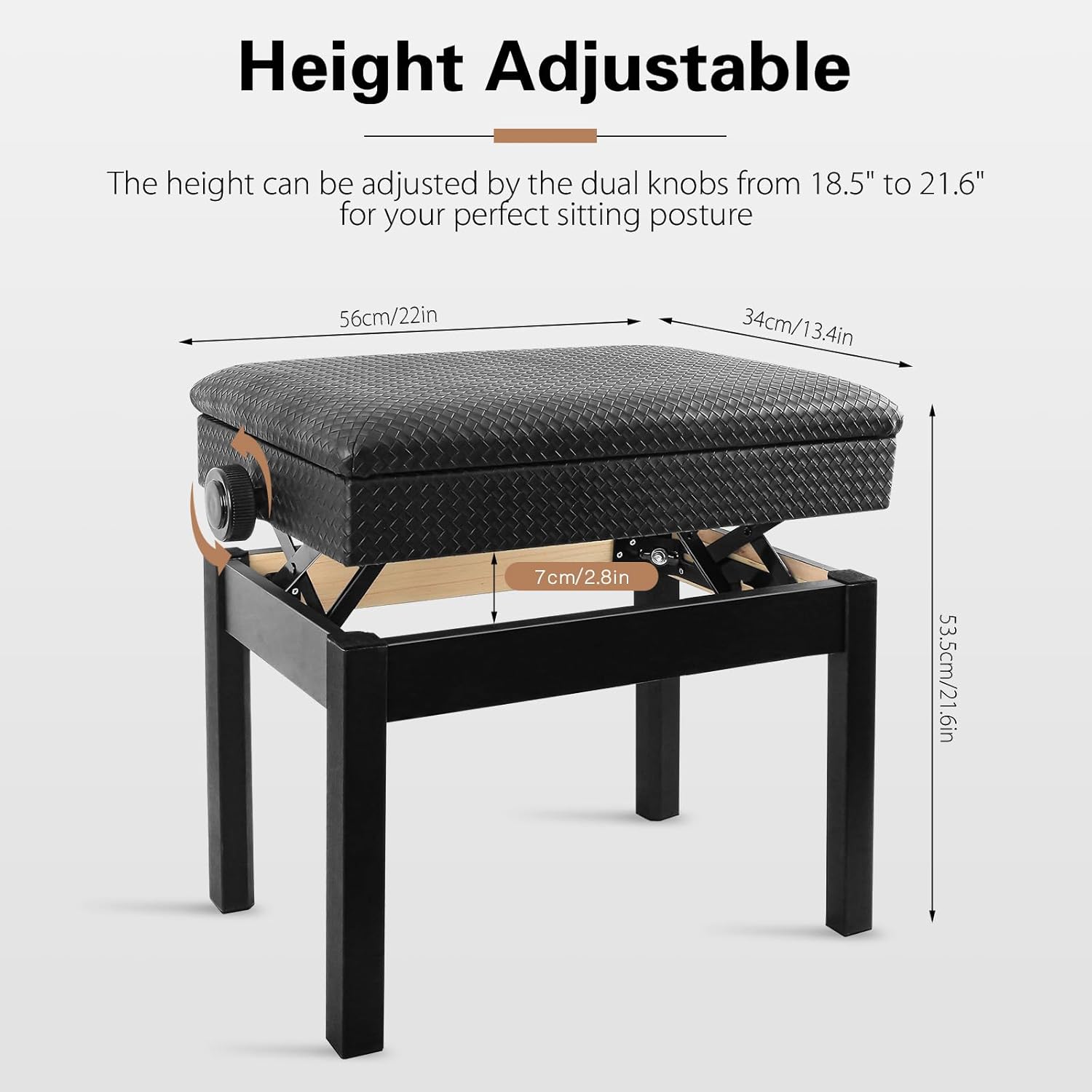 Adjustable Piano Bench with Storage, Waterproof Synthetic Leather Padded Seat, with 2.4 inch Thicken Soft Cushion, Wooden Piano Stand for Keyboards Piano Guitar, 22"x13.4"x21.6" Black