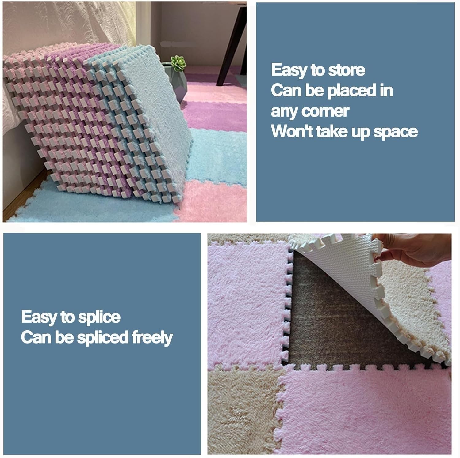 40pcs Shaggy Interlocking Foam Carpet Tiles Soft Thick 0.4" Fluffy Plush Foam Floor Mat Non-Slip Carpet Puzzle Mats(Apricot+Light Brown)