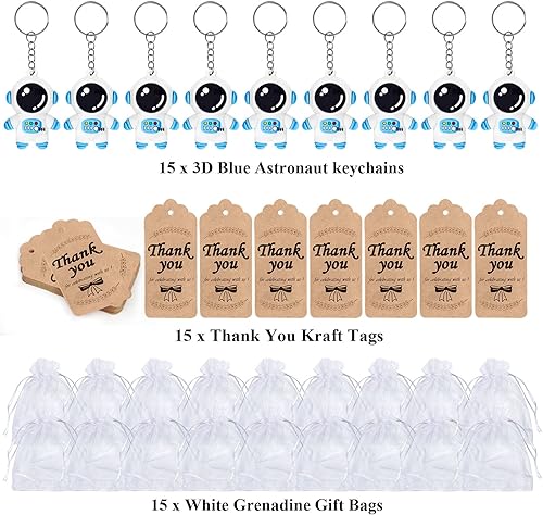 Miniatura 3 de CiciBear Paquete de 45 recuerdos de fiesta de astronauta con 15 llaveros, 15 etiquetas de agradecimiento y 15 bolsas de regalo para fiestas