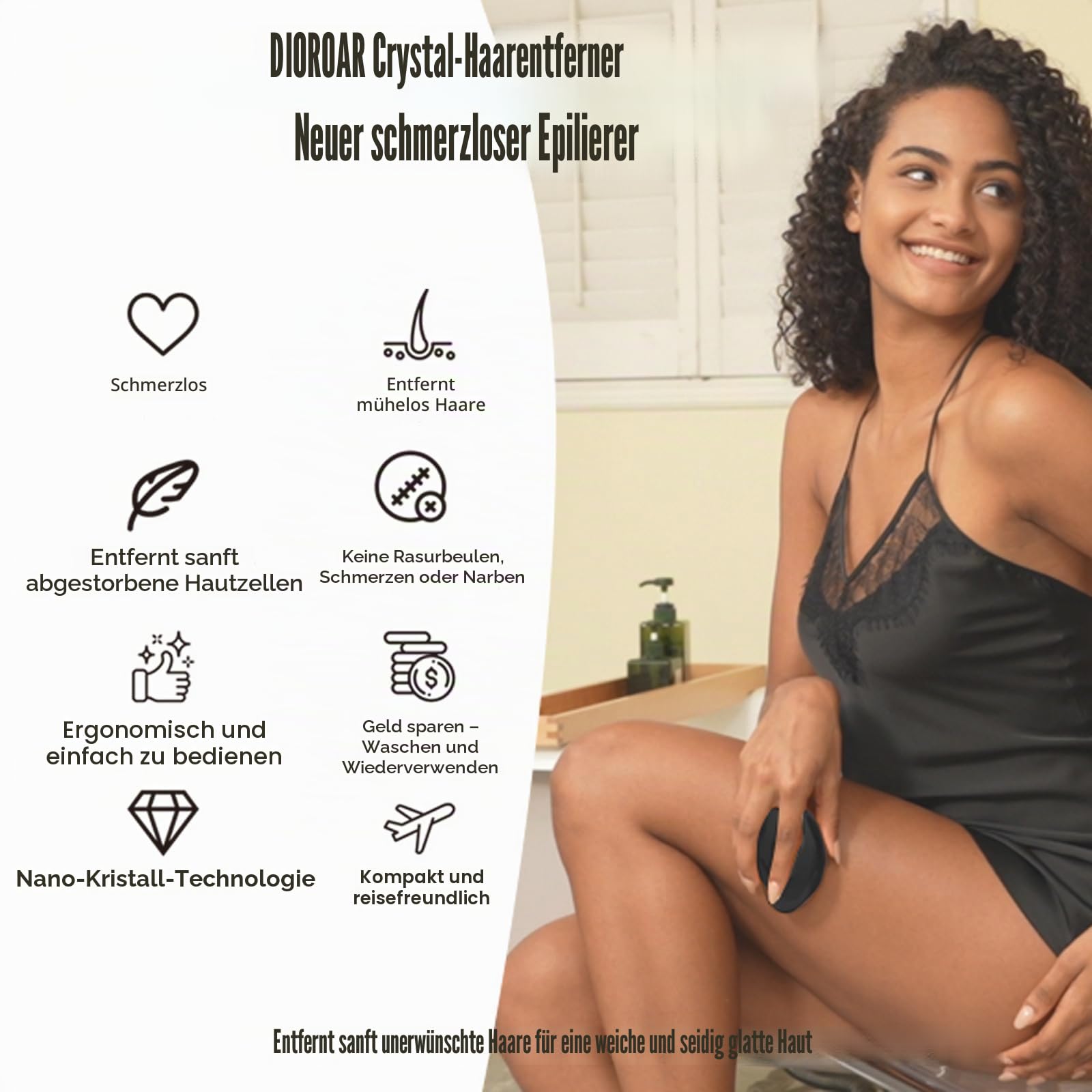 Kristall-Haarradiergummi, Upgrade-Kristall-Haarentferner, physikalisches Nanoglas-Haarentfernungsgerät, schmerzfreier Epilierer und Peeling für schnelle, seidig glatte Haut(Schwarz)