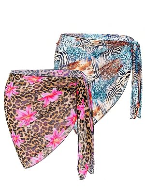 Womens 2-Piece Sheer Wrap Sarong Skirt Set Floral Animal Print Bikini Swimsuit Cover Up with Adjustable Waist