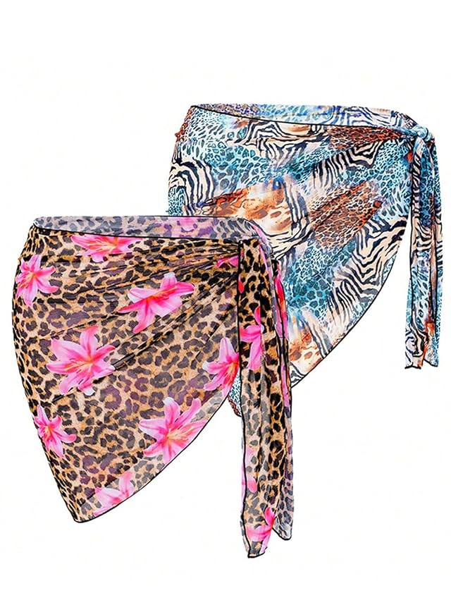Womens 2-Piece Sheer Wrap Sarong Skirt Set Floral Animal Print Bikini Swimsuit Cover Up with Adjustable Waist