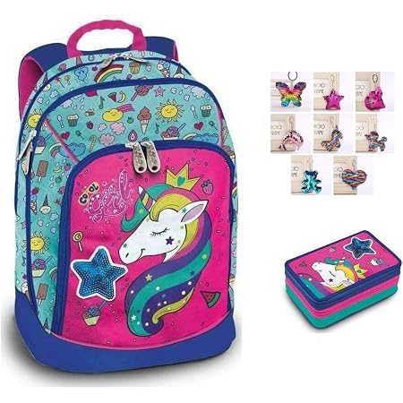 Zaino Scuola Tondo Pool Over Unicorno con Stella con Paillettes reversibili  Girl Ragazza Verde Acqua + Astuccio 3 Piani Completo + Omaggio portachiave  con Paillettes : Amazon.it: Valigeria