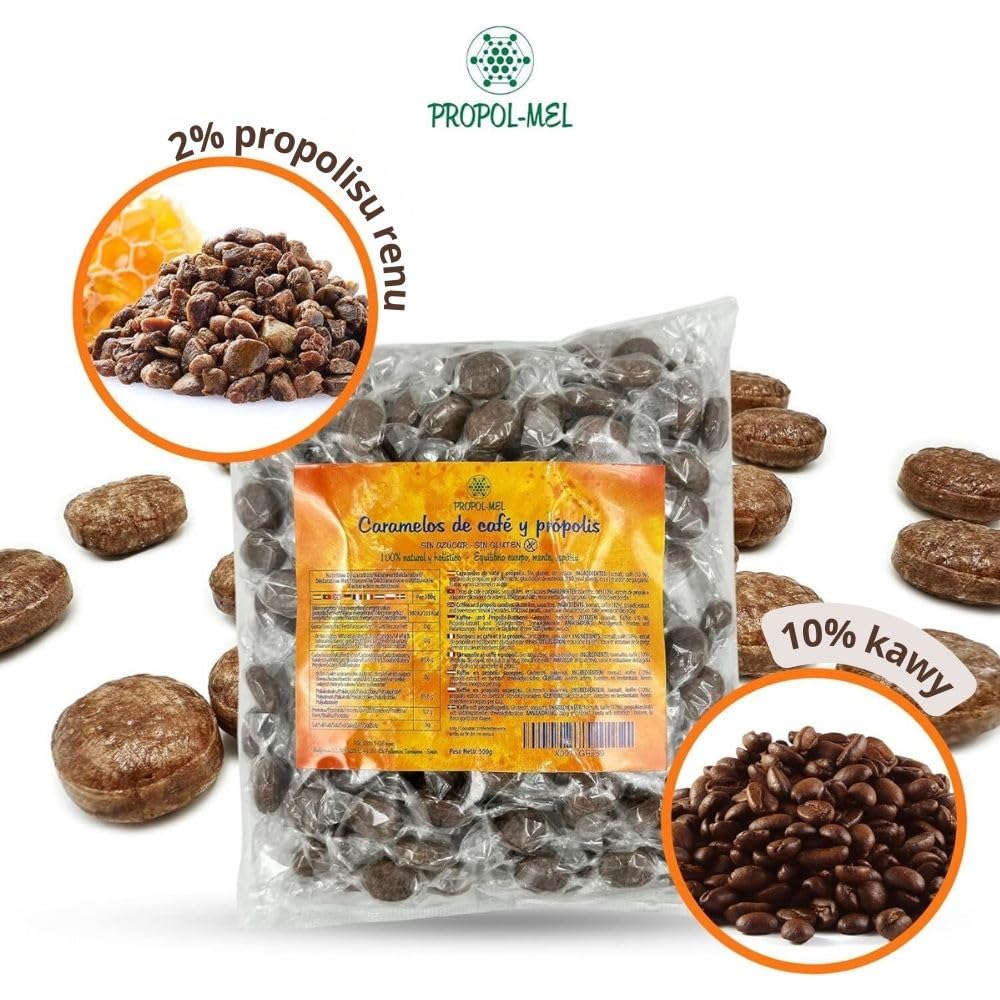 Propol-Mel - Cukierki z Kawią i Propolisem 500g | Bez Cukru | Bez Glutenu | Ręcznie robione w Hiszpanii | Pielęgnacja jamy ustnej i gardła | Intensywny smak kawy i propolis | Na nieświeży oddech