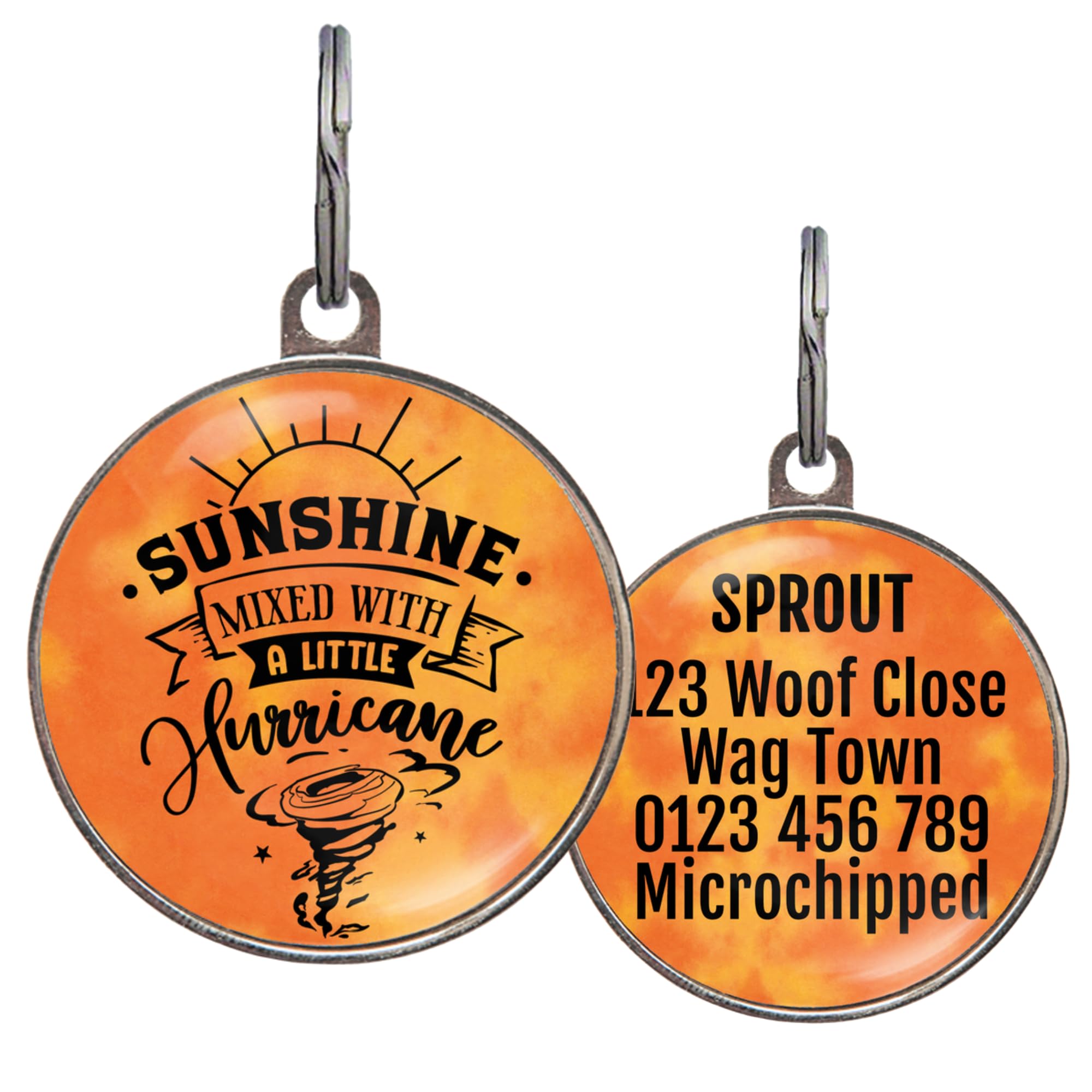 Funny Dog Tag – UK Made - Customised, 36 Colour Options, 2 Sizes for Dogs & Cats – Sunshine Mixed with a Little Hurricane – Waterproof, Double-Sided Pet ID – Sassy Dog Name Tag