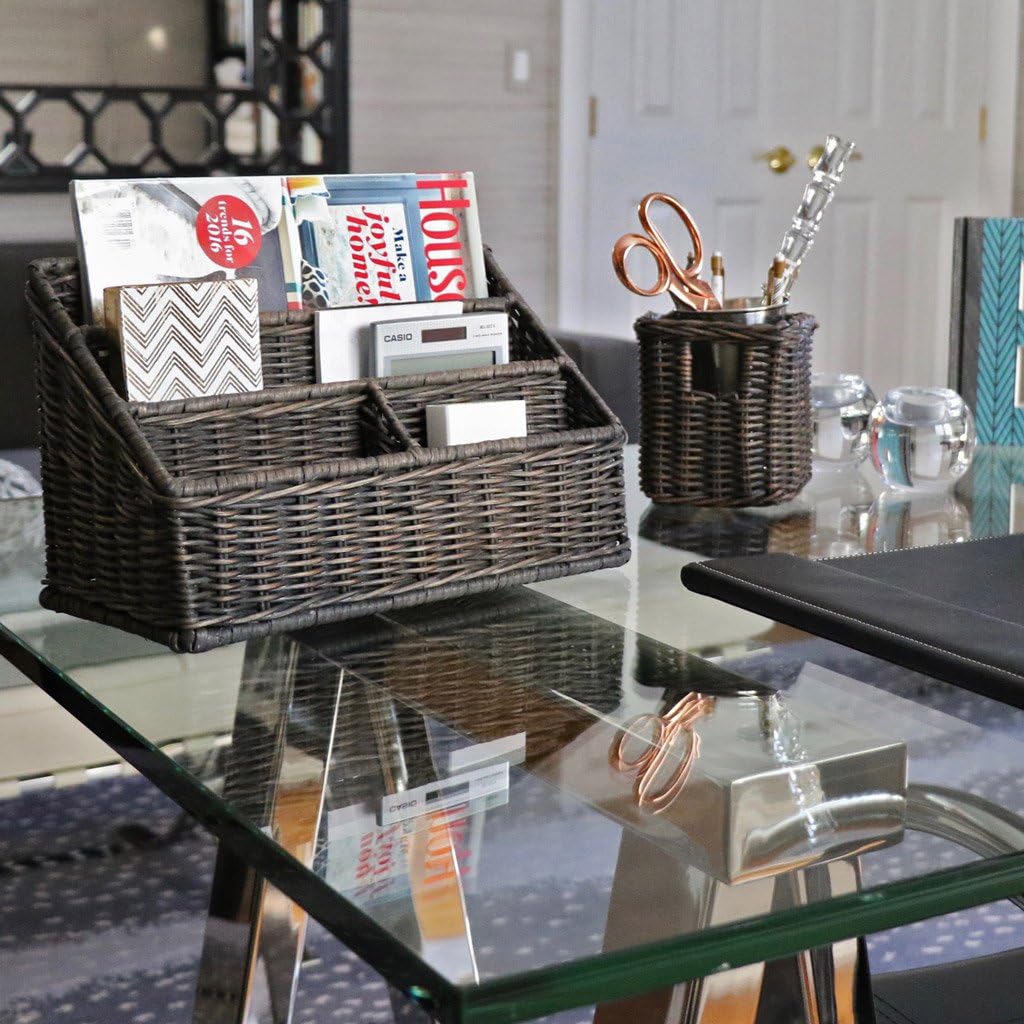 The Basket Lady Large Wicker Organizer Basket, 12.5 in W x 6 in D x 7.5 in H, Antique Walnut Brown