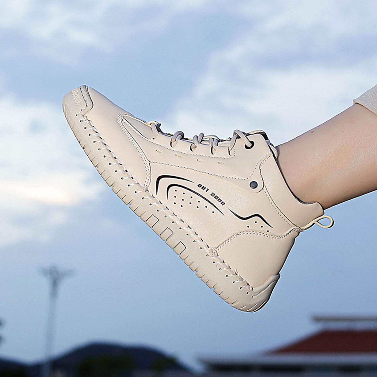 Generisch Scarpe sportive da donna in pelle, con lacci, alla moda, punta rotonda, antiscivolo, suola morbida, scarpe da ginnastica, piatte, casual, comode, per attività all'aperto, guida, passeggiate