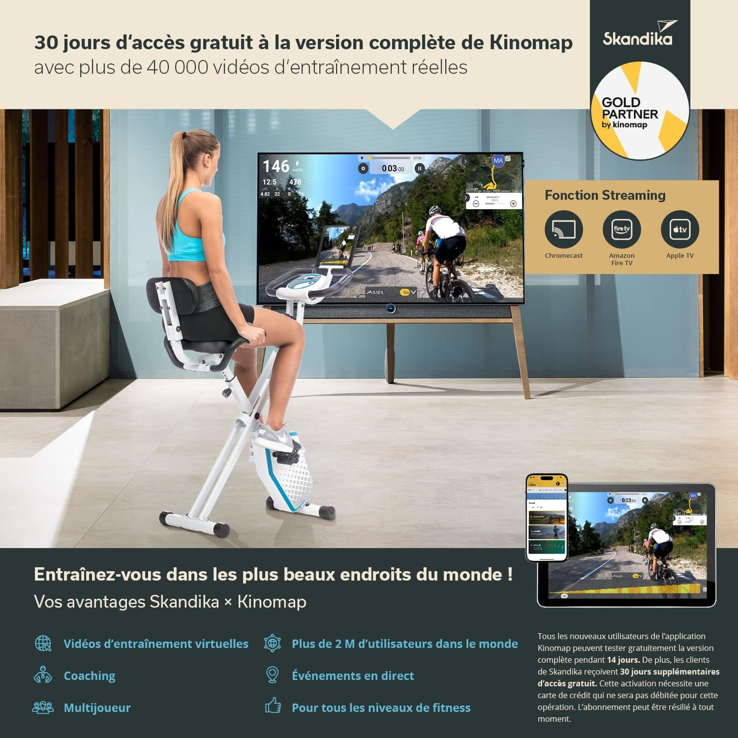 Skandika Vélo d’Appartement Pliable Foldaway X-1000 PLUS, 8 Niveaux de Résistance Magnétique, Velo D Appartement, Bluetooth, Kinomap, Écran LCD Rangement Facile, Support Tablette, Max 130KG