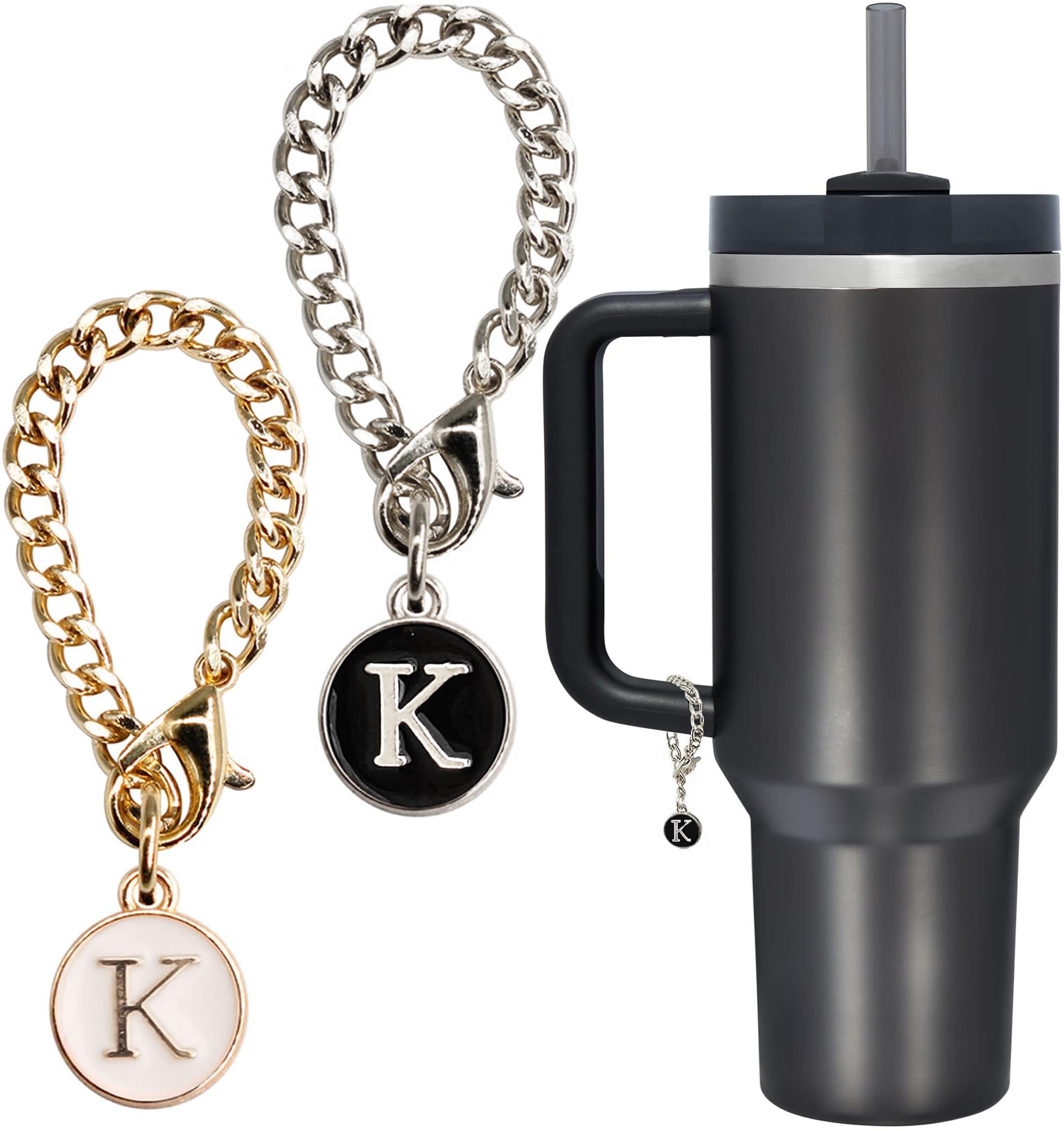 YOSHUYUKI Cup Accessories for Stanley Cup Simple Modern 30 40 oz Tumbler with Handle, Personalized Name Plate Initial Letter Charms For Stanley Quencher H2.0 - Gold and Silver, tumber-black-5-w