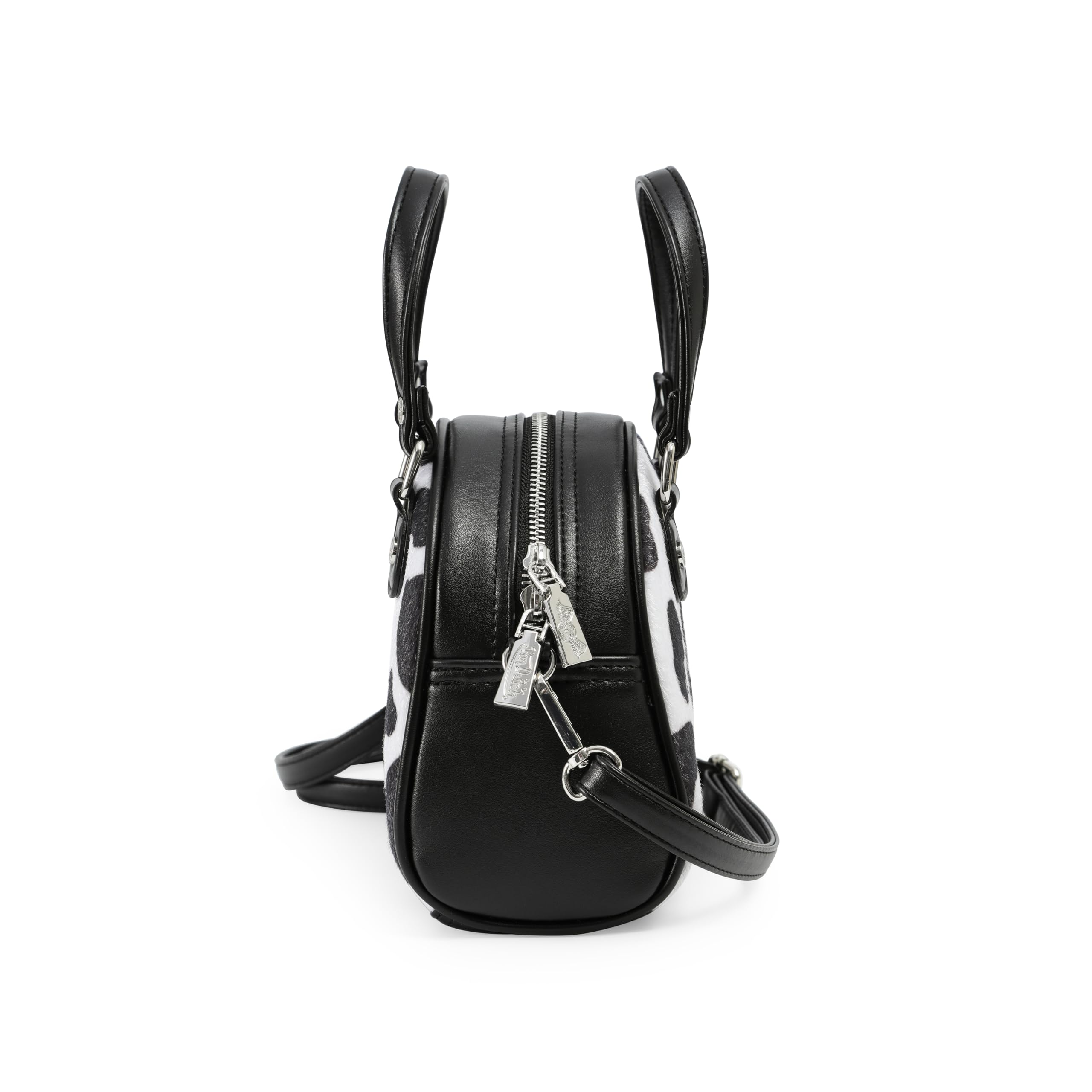Von Dutch Womens Cow Print Bowling Bag Purse - Stylish Women's Handbag with Adjustable Strap, Spacious Interior, and Vegan Faux Fur (Black)