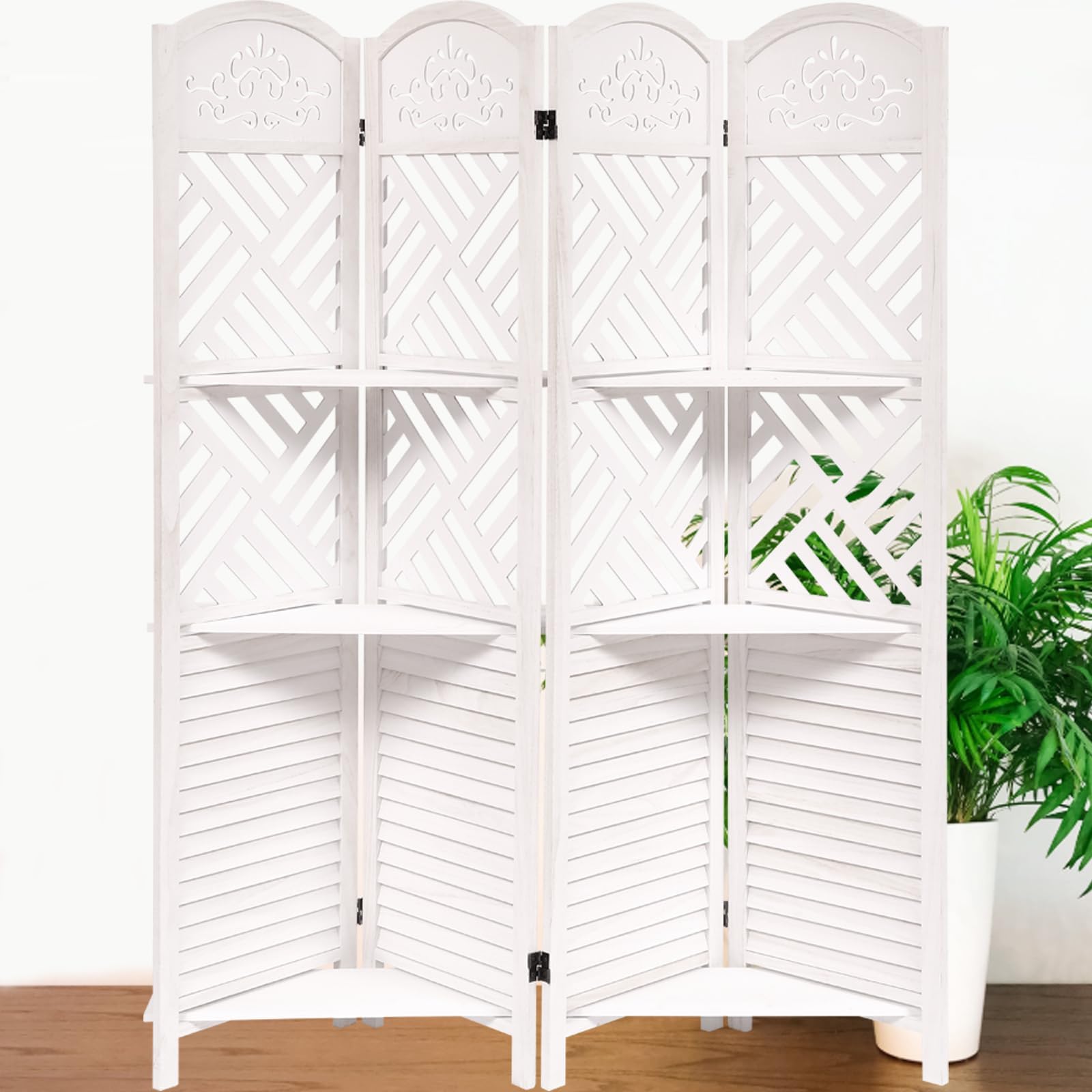 White Wood Room Divider with Shelves,4 Panel Folding Screen Room Divider with Storage,Freestanding Wood Farmhouse Divider for Small Spaces Bedroom Living Room Apartment