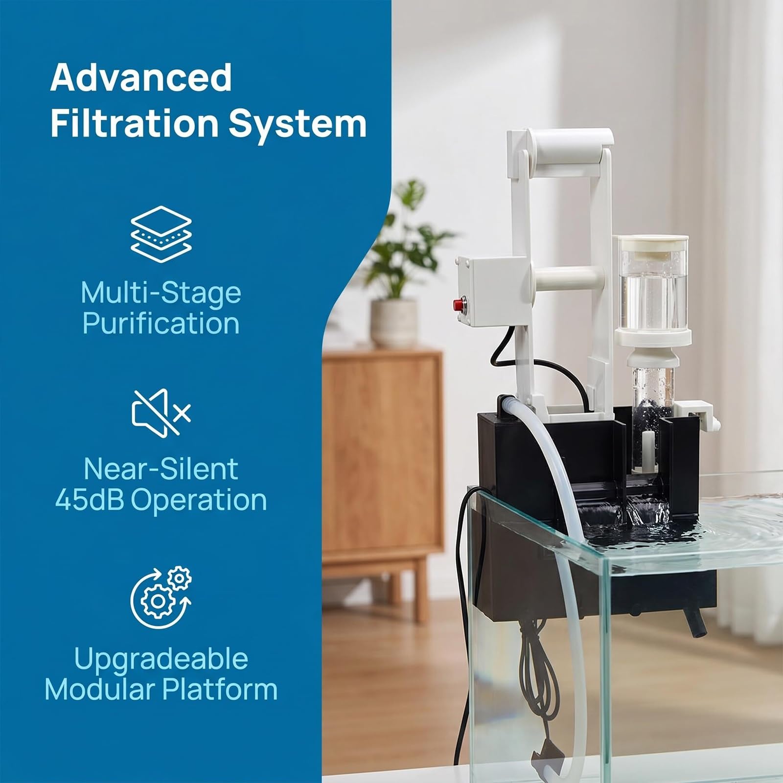 Filtr do akwarium Hang-on-Back, system automatyczny, cichy 45 dB | Kompatybilny ze skimmerem białek i automatyczną rolką papieru, filtracja wielostopniowa, montaż ścienny, do małych akwariów