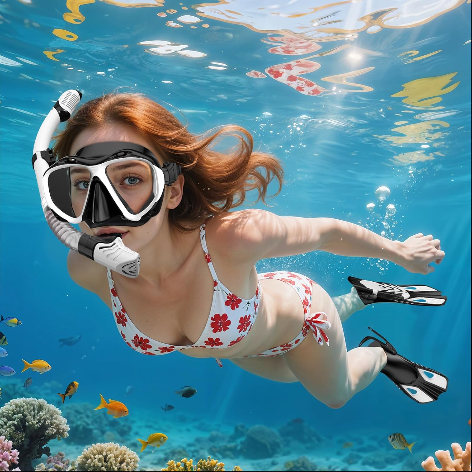 snorkeling gear for adults men women, 3 in 1 snorkel set with panoramic view diving mask anti-fog anti-leak, snorkel mask dry top snorkel fins for swimming, snorkeling and travel diving white small-medium