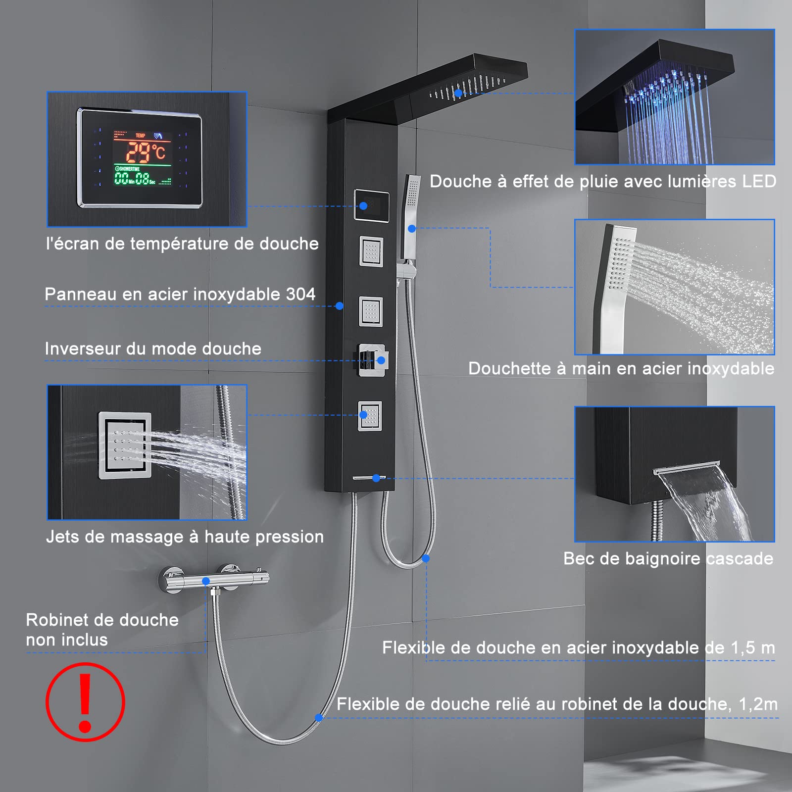 ROVOGO Panneau Colonne de Douche Hydromassante Led sans Robinetterie, 5 Fonctions: LED Douche Pluie, Jet de Massage, Douchette, Bec Bain déverseur et Affichage de La température, Acier Inox 304, Noir