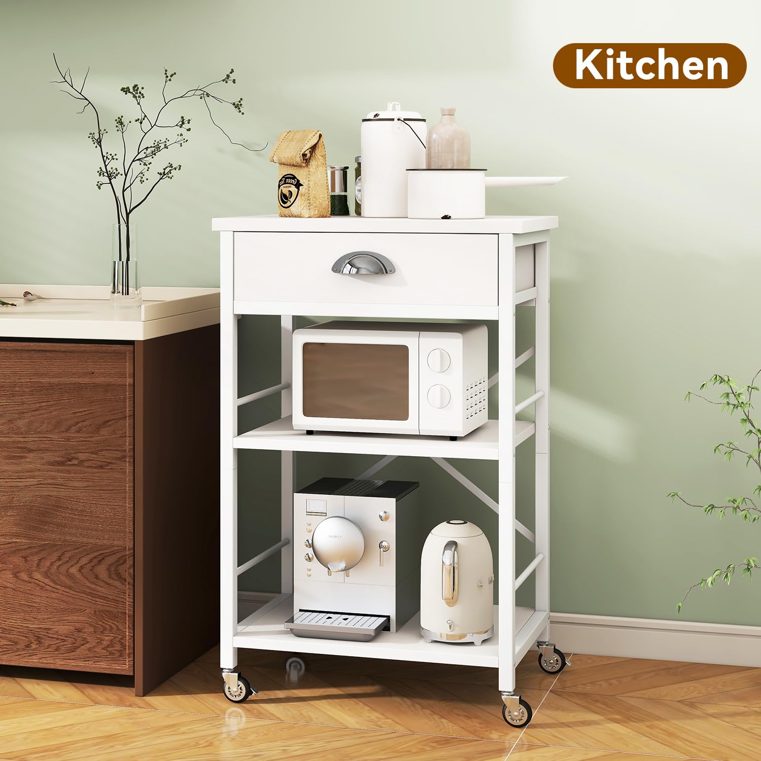 IBUYKE - Estante de cocina para panadería con cajones, soporte para microondas de 3 niveles con almacenamiento, mesa de barra de café con ruedas, estante ajustable, montaje simple, blanco TMJ030W — view 6