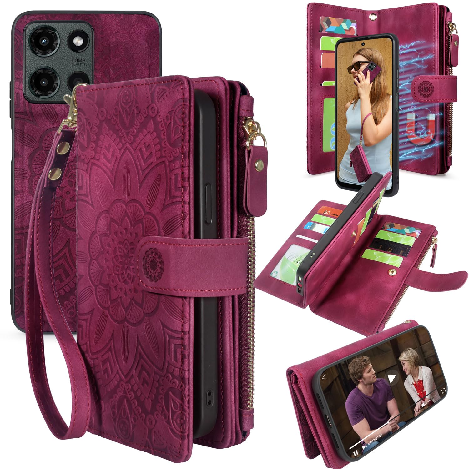 Harryshell Custodia a portafoglio staccabile in pelle compatibile con Motorola Moto G 2025, custodia magnetica con cerniera con tasca per contanti e monete, multi slot per schede, cinturino da polso