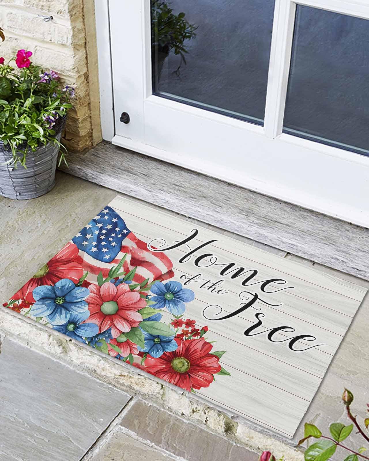 4th of July Welcome Doormat Independence Day Non-Slip Front Door Mat Absorbent Bath Mats Blue Red Flower American