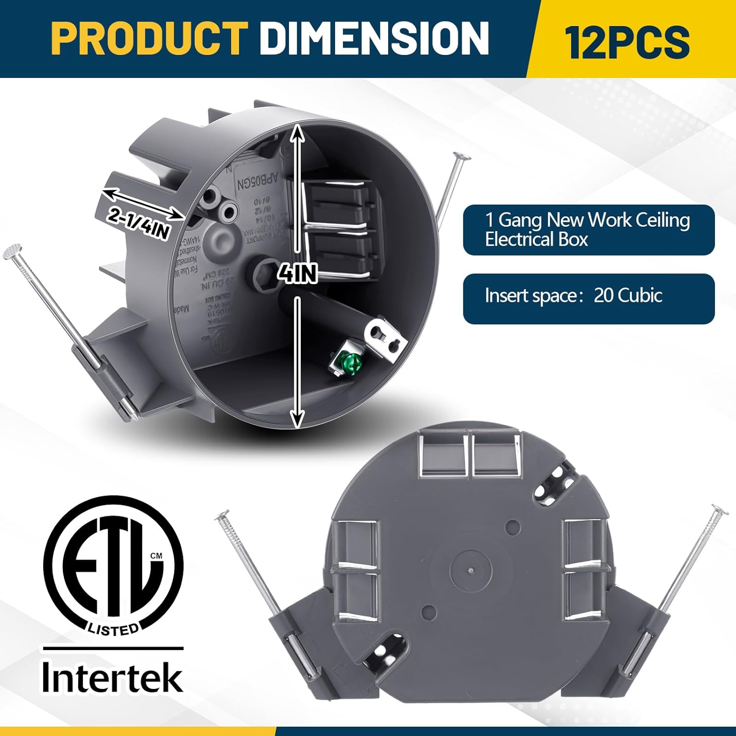 12pcs 1 Gang PVC Round Ceiling Electrical Box, 20 Cubic Inch 4" Dia with Grounding Lug and Screw, New Work Electrical Box, Etl, for Residential and Light Commercial Applications (Gray)