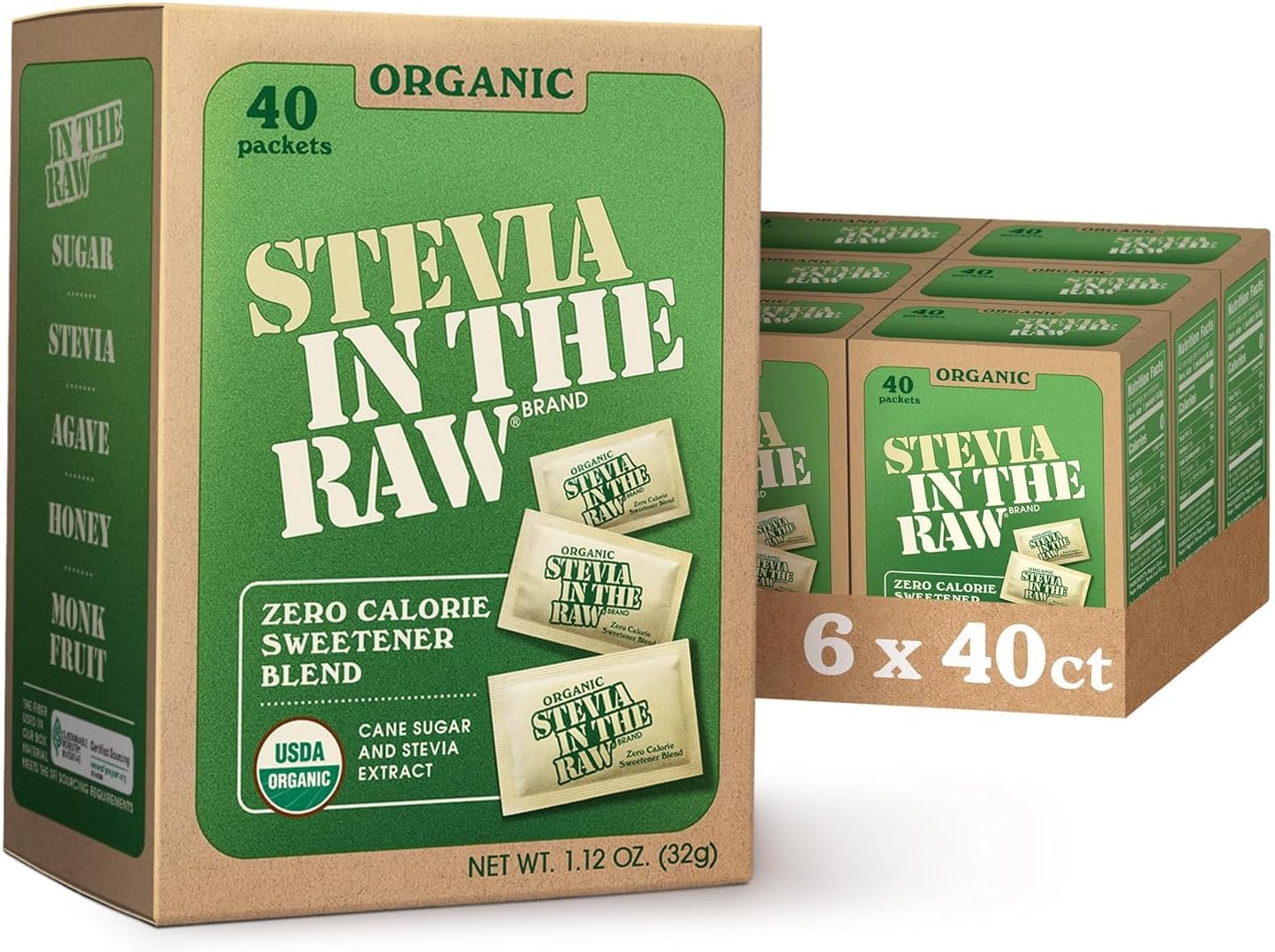 Organic Stevia In The Raw, Plant Based Zero Calorie Natural Sweetener, No Erythritol, Sugar Substitute, Sweetener for Coffee, Hot & Cold Drinks, Non-GMO, Vegan, Gluten-Free, 40 Count Packets (6 Pack)