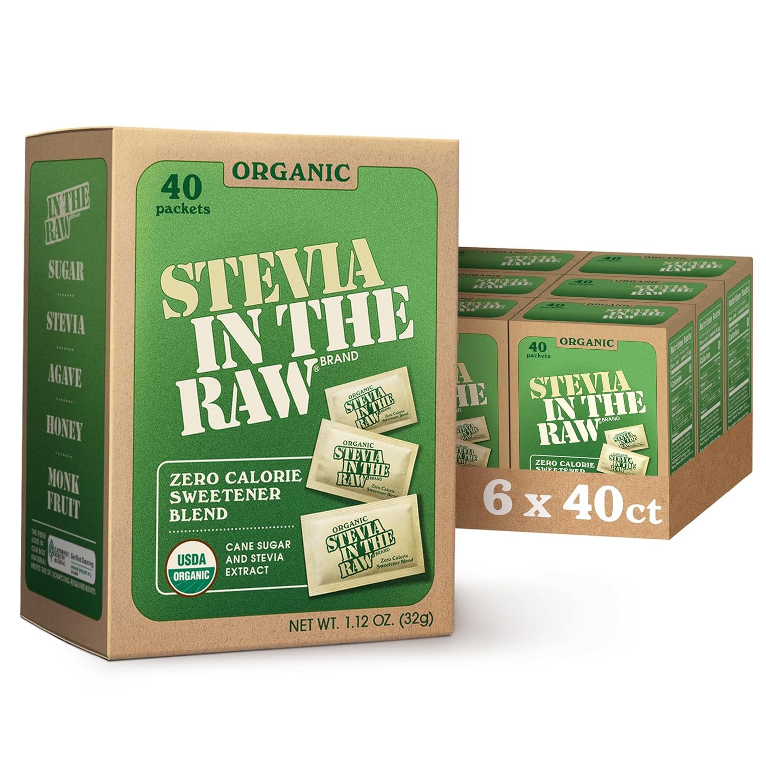 Organic Stevia In The Raw, Plant Based Zero Calorie Natural Sweetener, No Erythritol, Sugar Substitute, Sweetener for Coffee, Hot & Cold Drinks, Non-GMO, Vegan, Gluten-Free, 40 Count Packets (6 Pack)