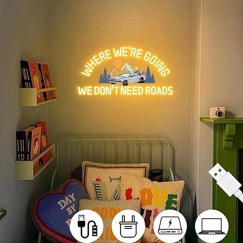 Miniatura 3 de Letrero de neón personalizado con texto en inglés Where We're Going We Don't Need Roads, neón LED retro para decoración de pared, USB regulable,