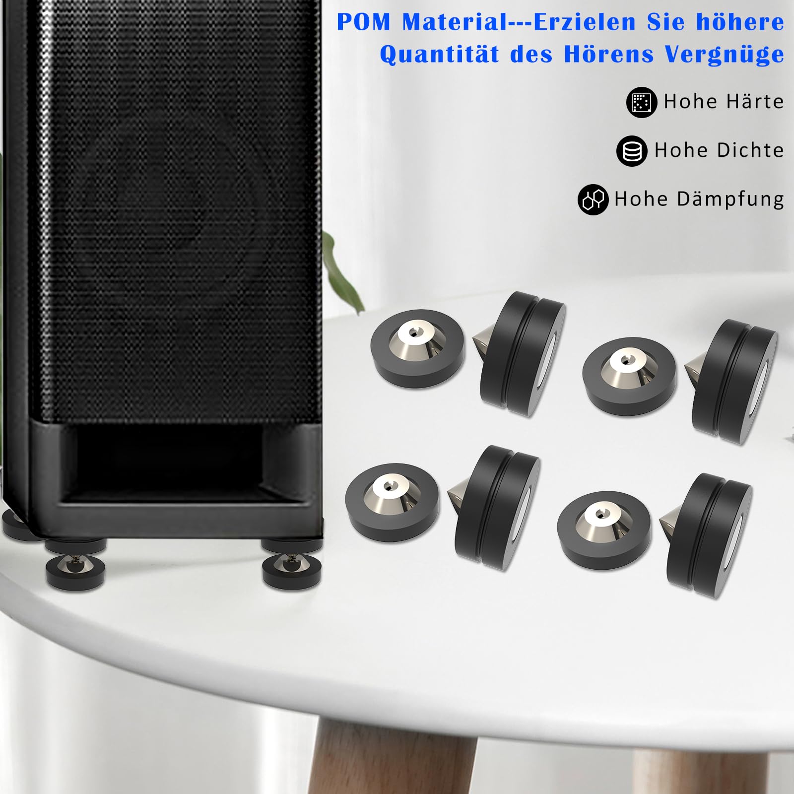 Lautsprecher Spikes 4 Sets 39mm×39mm Lautsprecherfüße mit POM Edelstahl-Lautsprecherpads HiFi Geräte Füße für HiFi-Lautsprecher, Subwoofer, Audioverstärker, DAC und CD-Player (Schwarz)