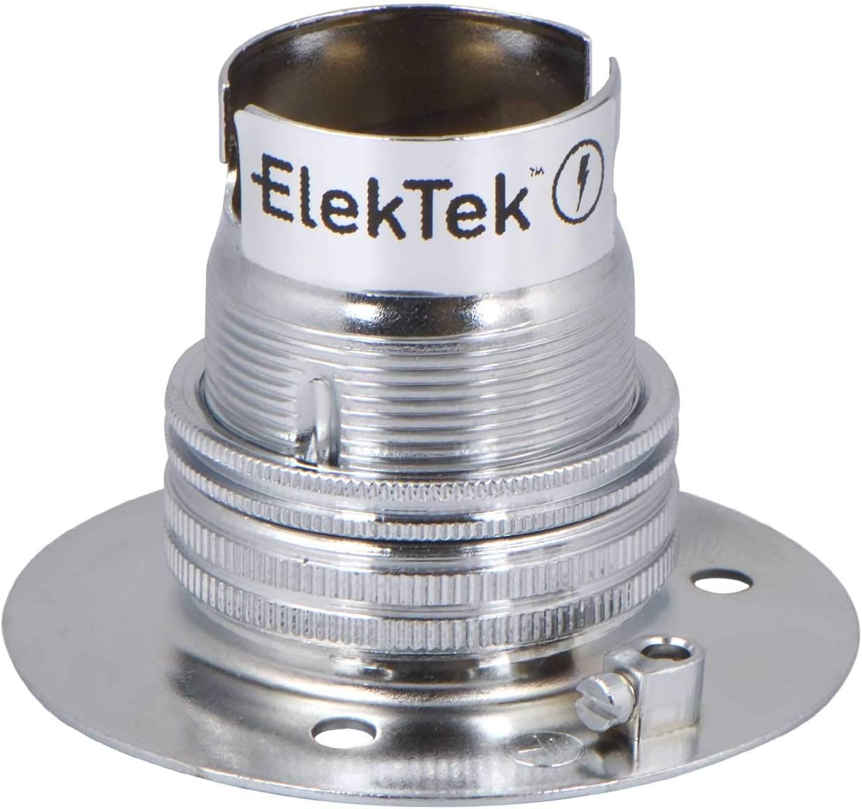 ElekTek Chrome B22 Batten 52mm Base BC Bayonet Cap Lamp Holder with Shade Ring, NOT for BESA Conduit Box - Made in UK