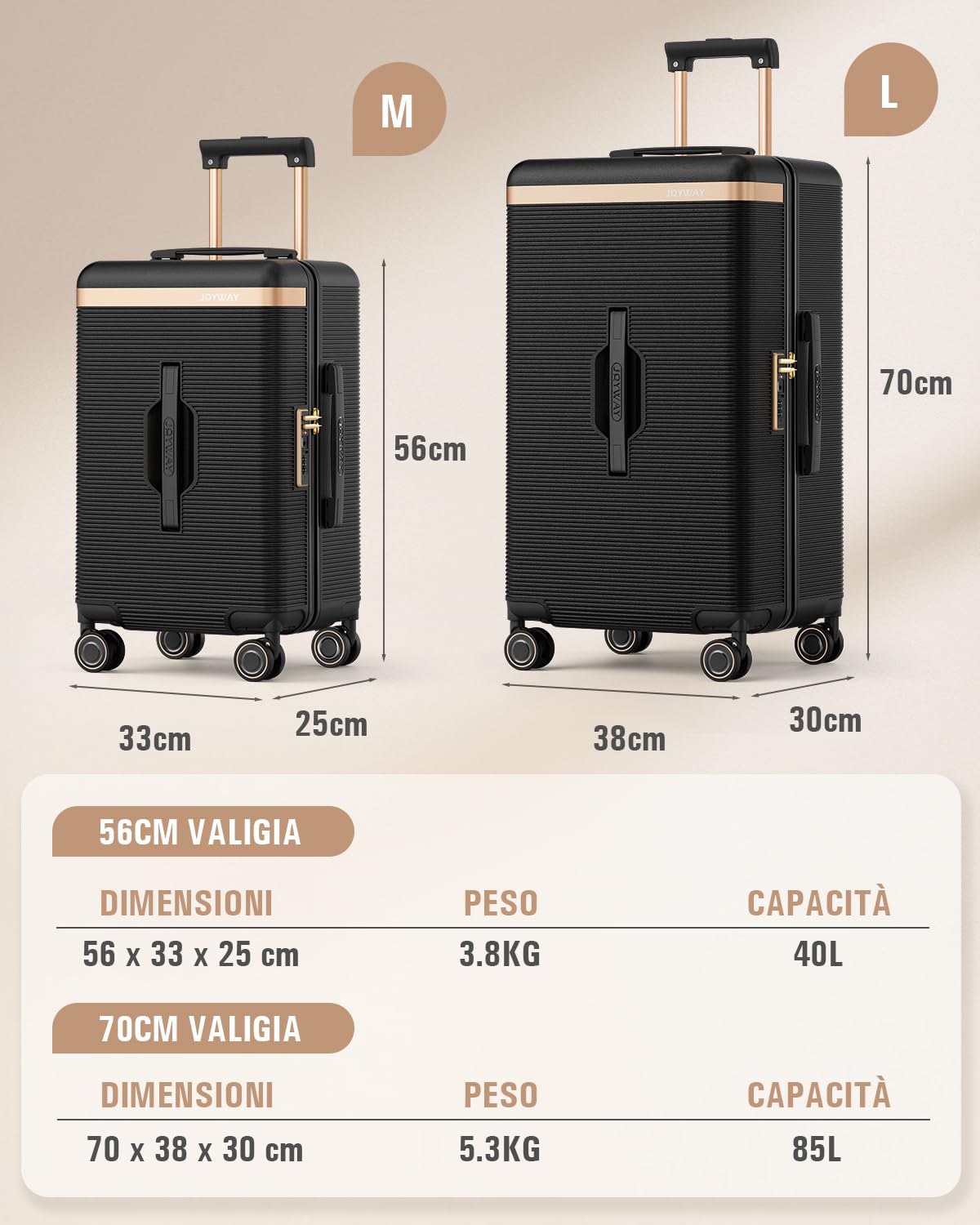 Joyway Valigia Trolley guscio rigido ABS 4 ruote, serratura TSA, Nero | Portabevande integrato, fodera interna rimovibile. Ruote doppie ammortizzanti 360° freno, manico telescopico 3 livelli