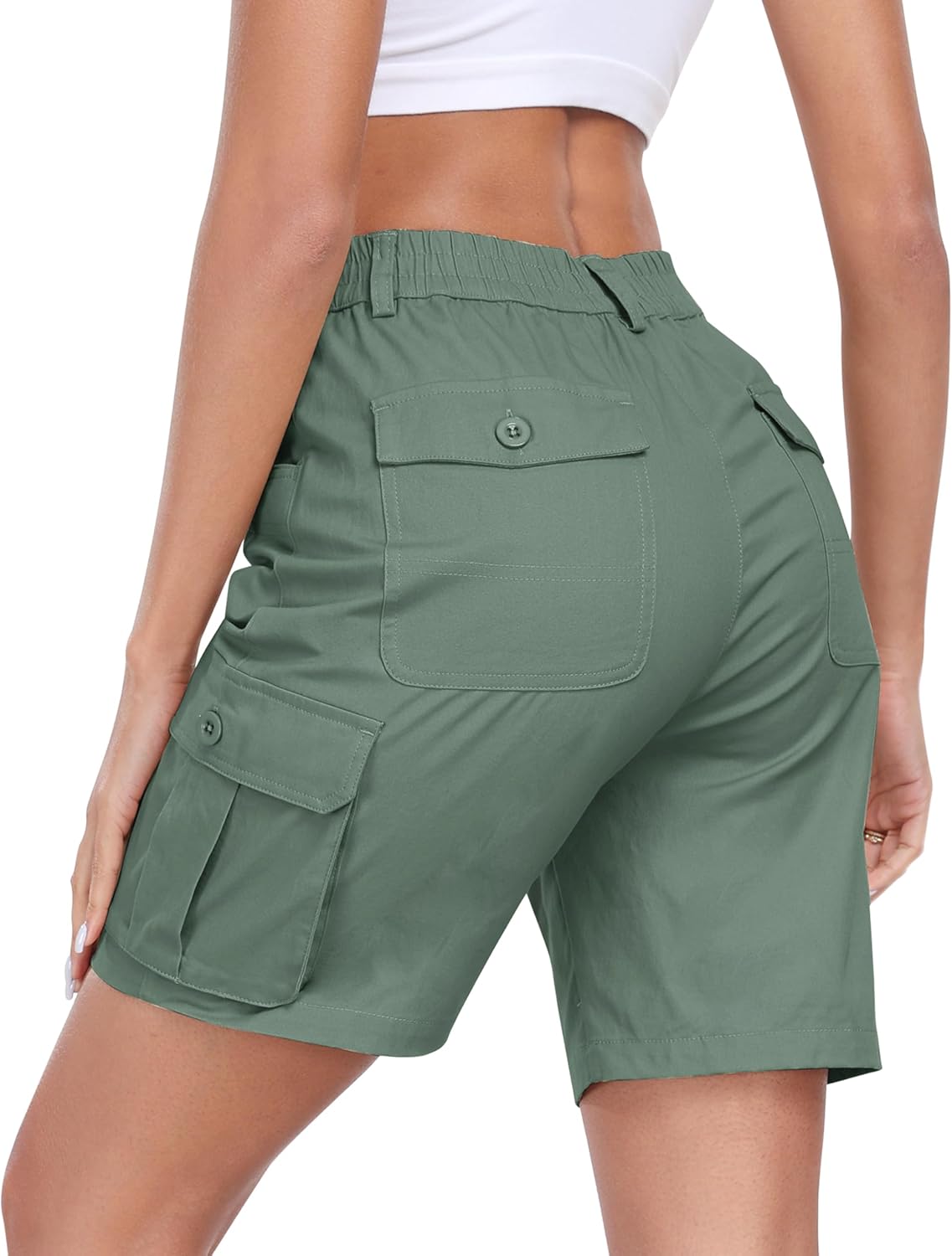 MoFiz Women’s Cargo Shorts Bermuda Shorts Button Pockets Elastic Waist Knee Length Long Hiking Casual Shorts for Summer