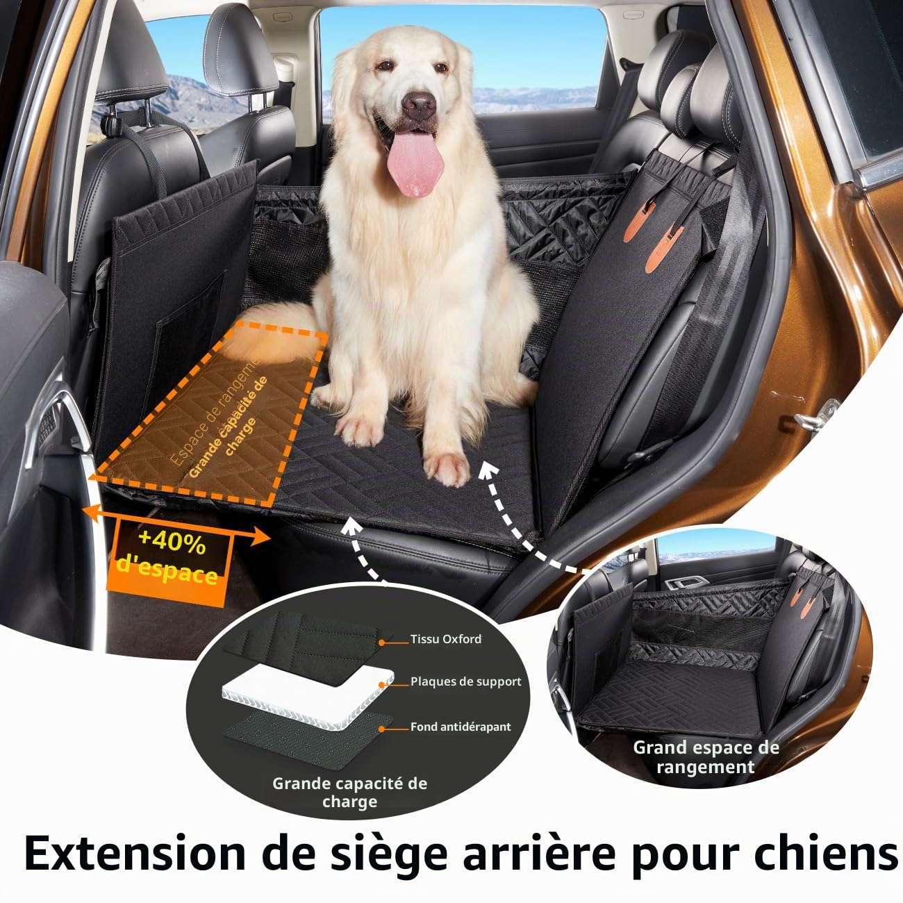 GGW Siège Auto Banquette arrière Gros Chiens 30kg avec Sangle Gris L | lavable en machine, fond antidérapant, matelas imperméable, rallonge incluse, plaque rigide autour, installation facile