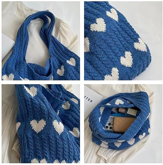 Crochet Tote Bag Cute Heart Pattern Hobo Bag Knitted Shopping Shoulder Commute Handbag Hollow Beach Purse for Women