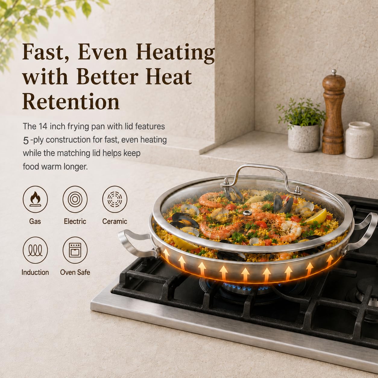 DELARLO Paellera antiadherente de acero inoxidable de tres capas de 35,5 cm, sartén grande para cocina, sartenes, horno de inducción y lavavajillas