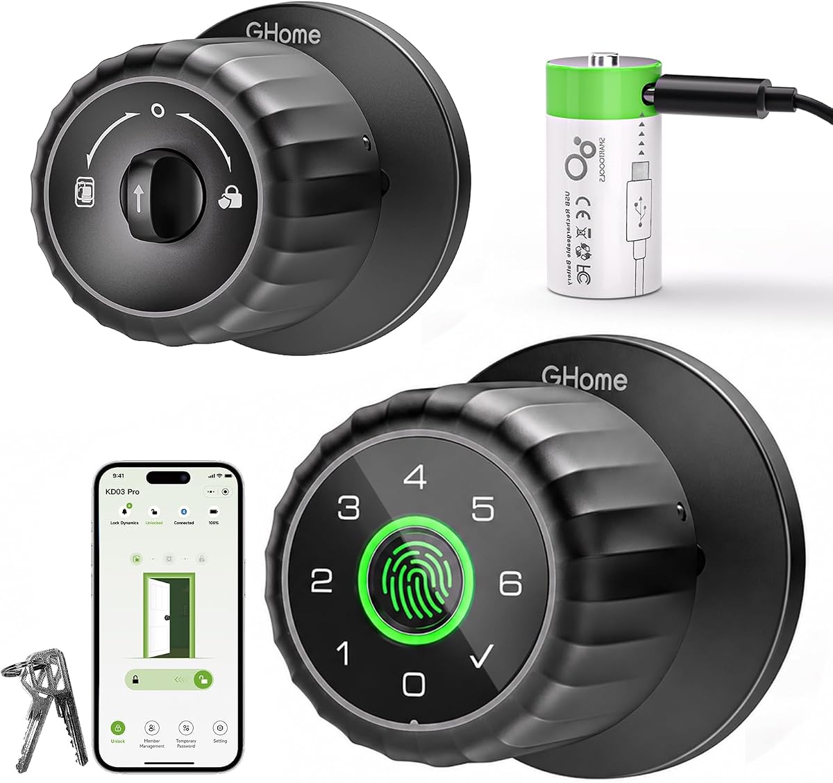 GHome Smart Fingerprint Door Lock 4-in-1 Smart Lock with Removable Battery