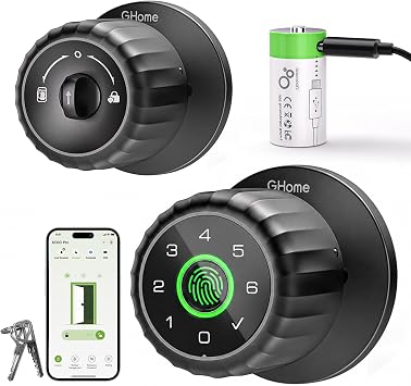 Fingerprint Door Lock, 4-in-1 GHome Smart Lock for Bedroom, Home, Apartment & Office, Smart Keyless Entry Door Lock with Code, App Control & Keys, Easy to Install Black Interior Door Knob with Lock